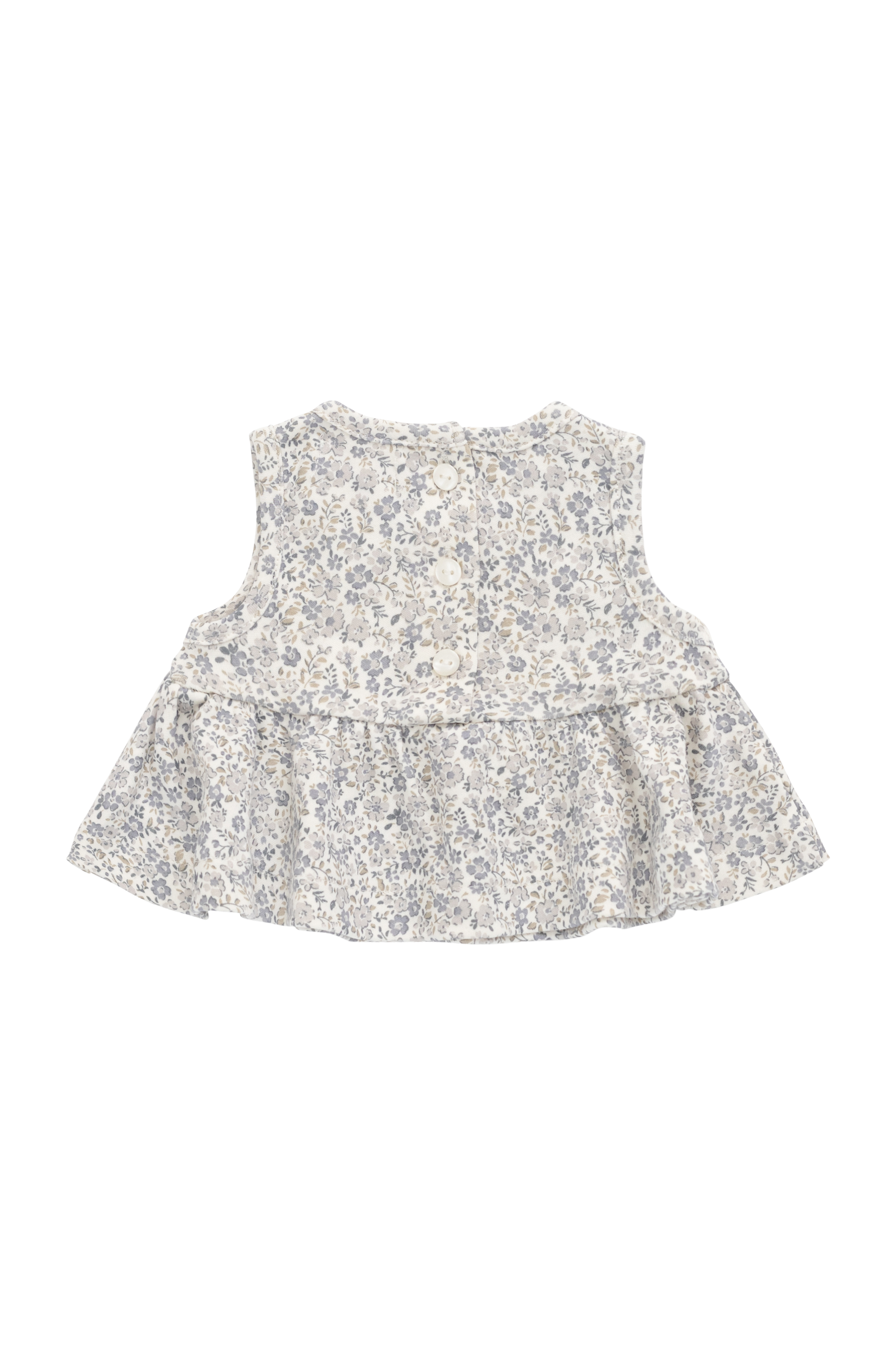 Haut romantique gris en coton biologique à fleurs avec silhouette péplum et design sans manches