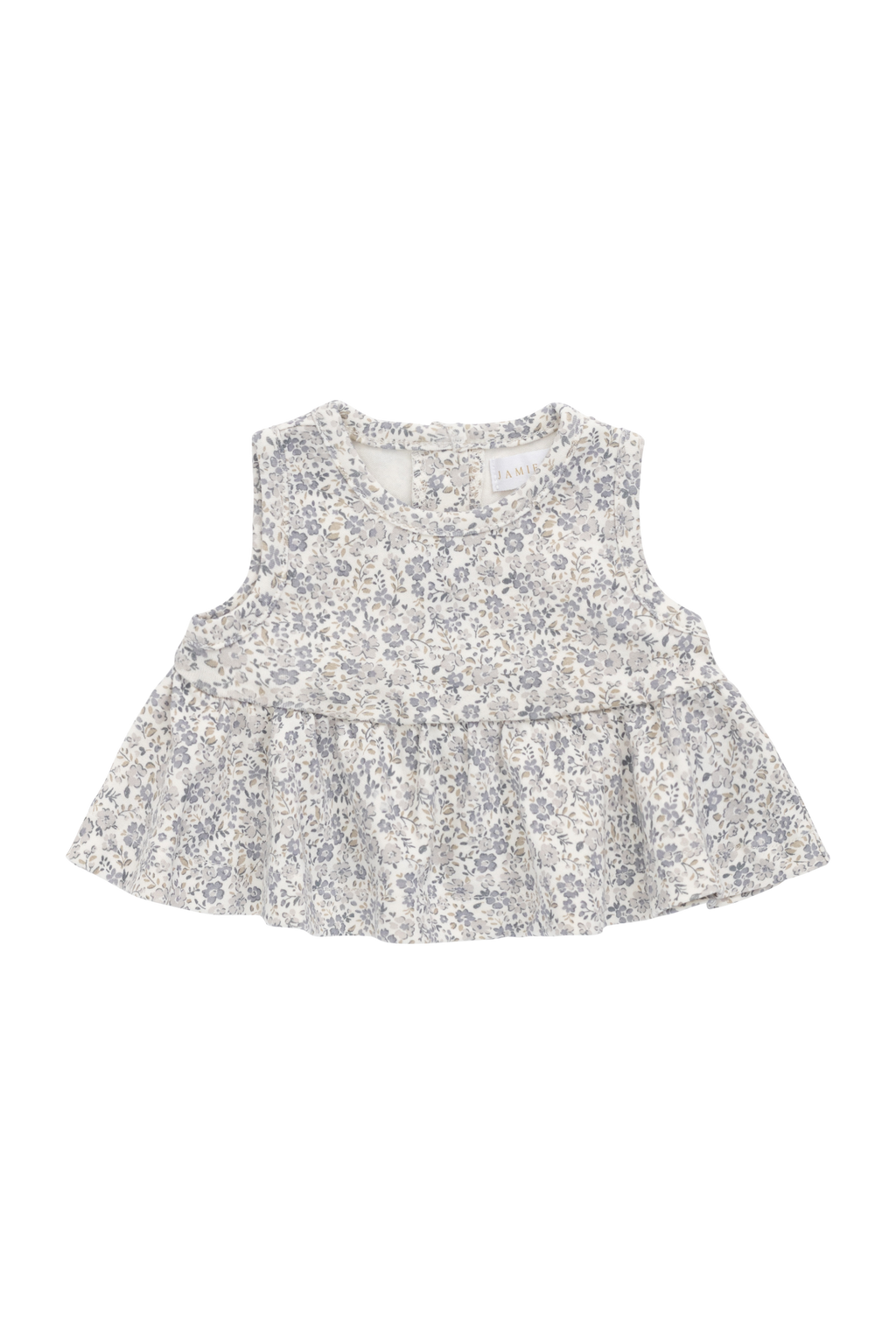 Haut romantique gris en coton biologique à fleurs avec silhouette péplum et design sans manches