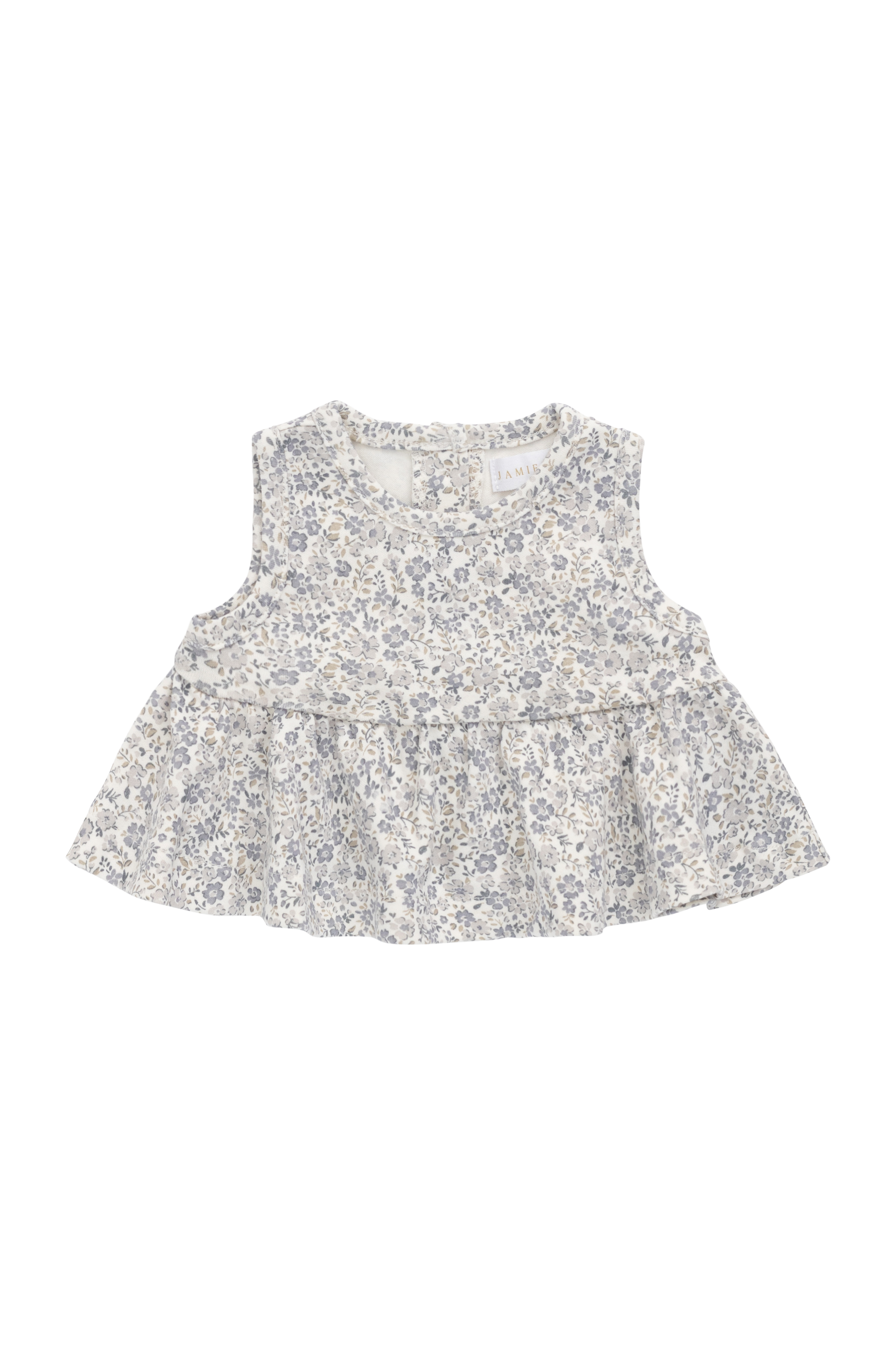 Haut romantique gris en coton biologique à fleurs avec silhouette péplum et design sans manches