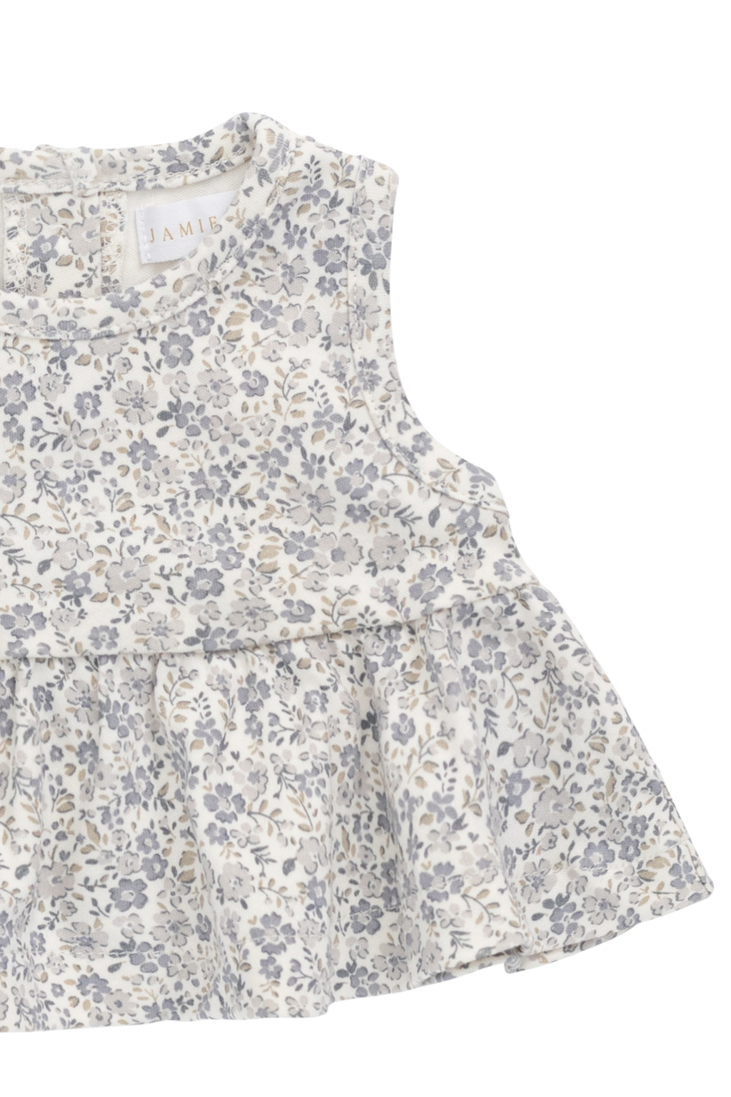 Haut romantique gris en coton biologique à fleurs avec silhouette péplum et design sans manches