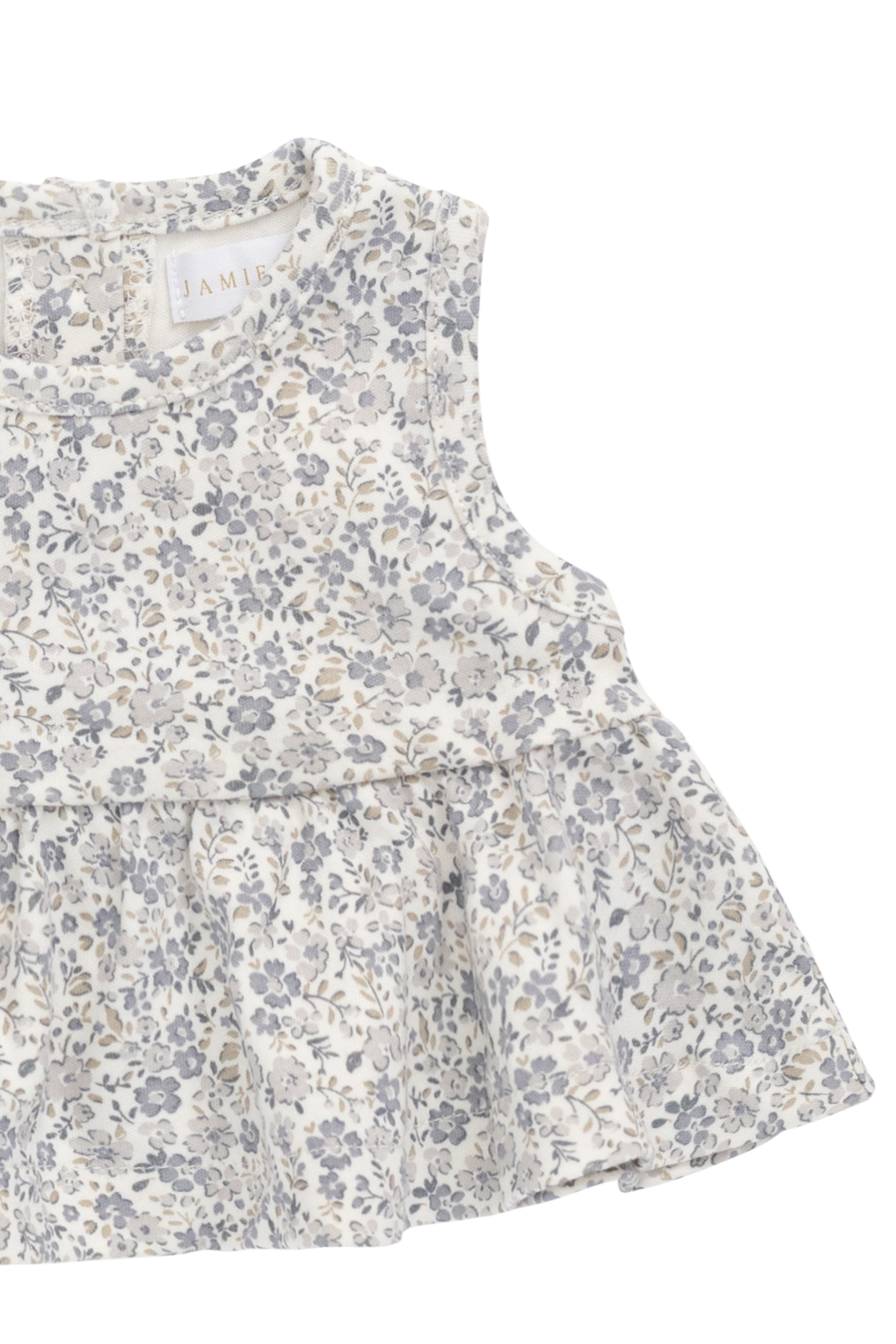 Haut romantique gris en coton biologique à fleurs avec silhouette péplum et design sans manches