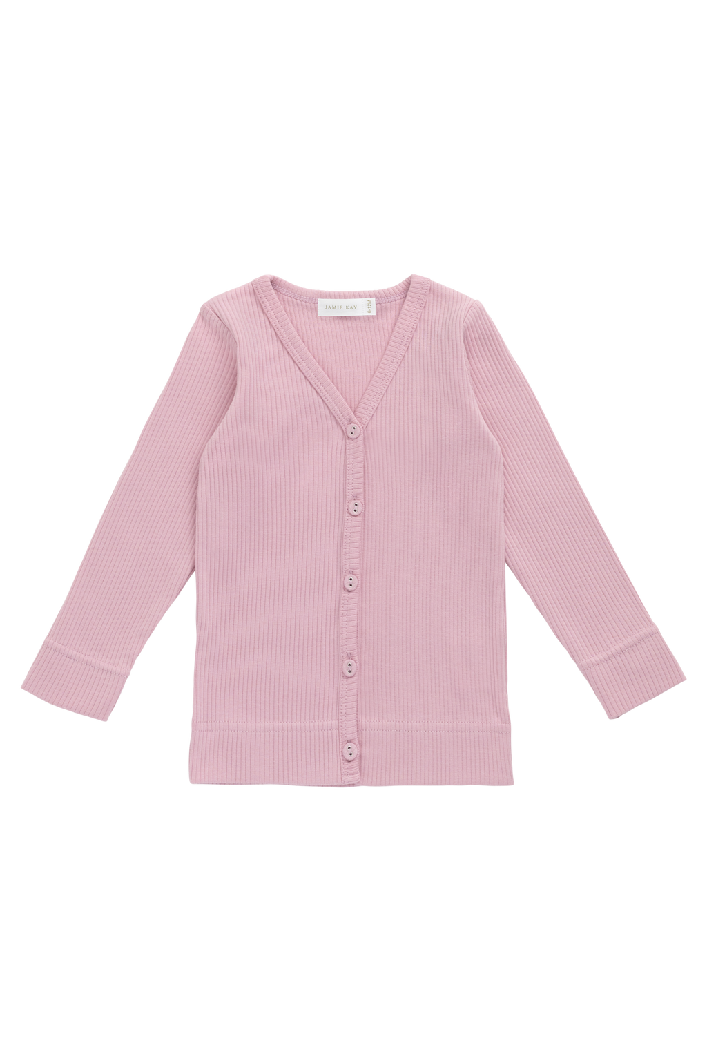 Cardigan classique en coton et modal rose-violet, encolure en V et texture côtelée