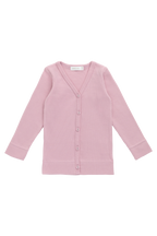 Cardigan classique en coton et modal rose-violet, encolure en V et texture côtelée