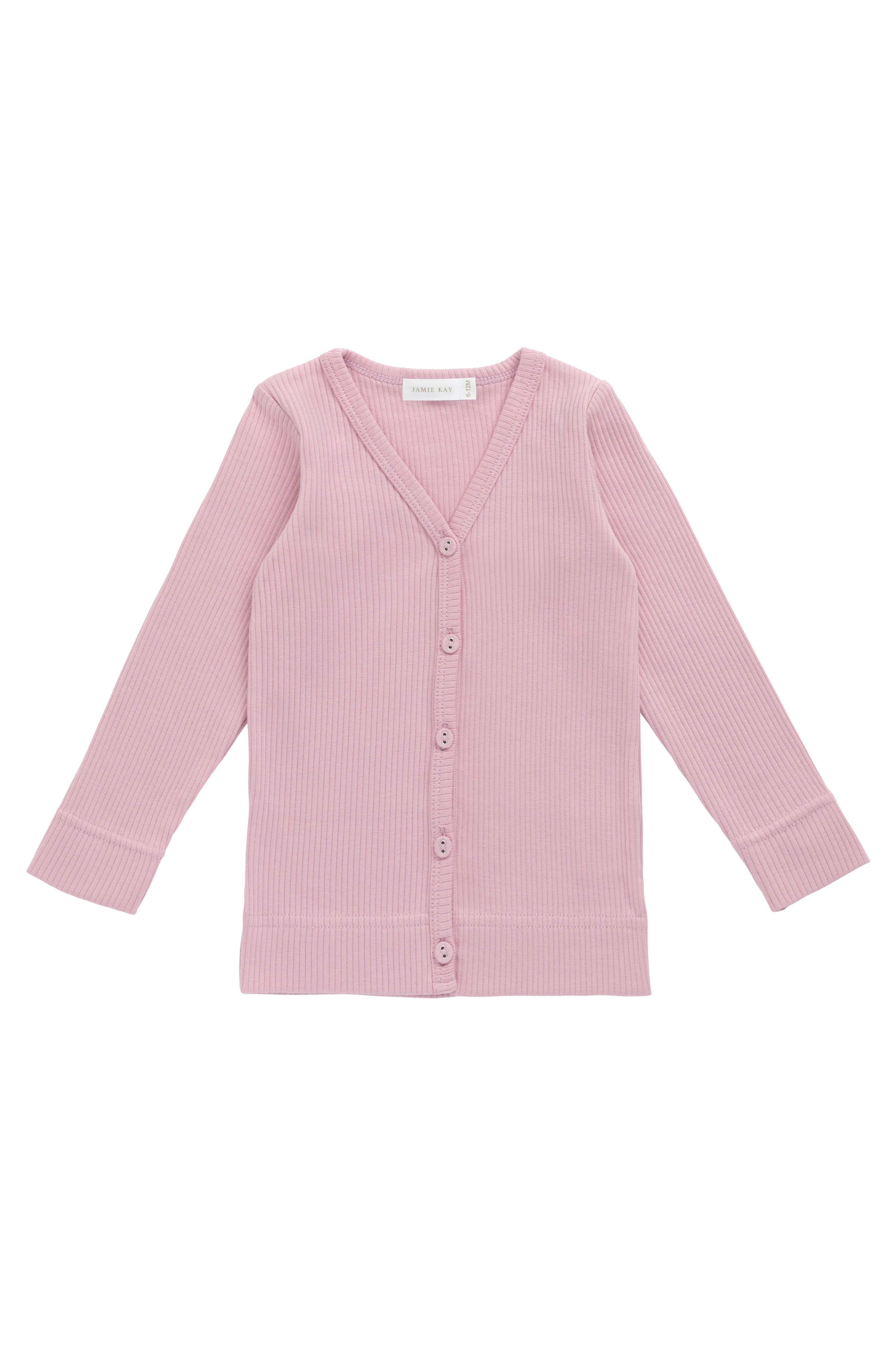 Cardigan classique en coton et modal rose-violet, encolure en V et texture côtelée