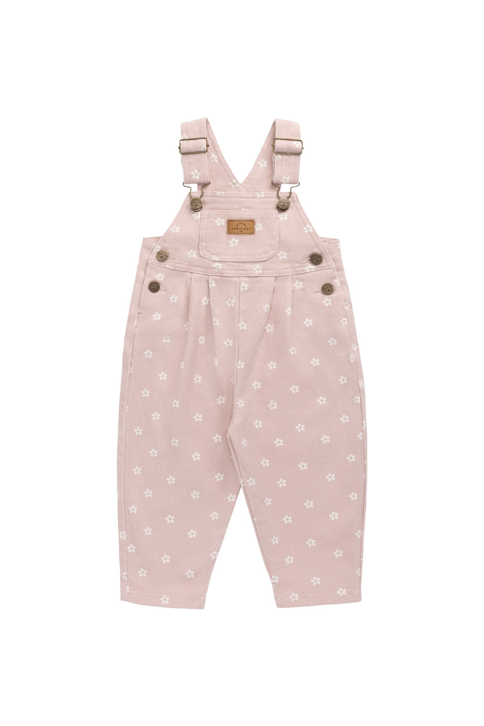 Salopette en coton rose à motif floral romantique avec bretelles réglables et poche sur la poitrine