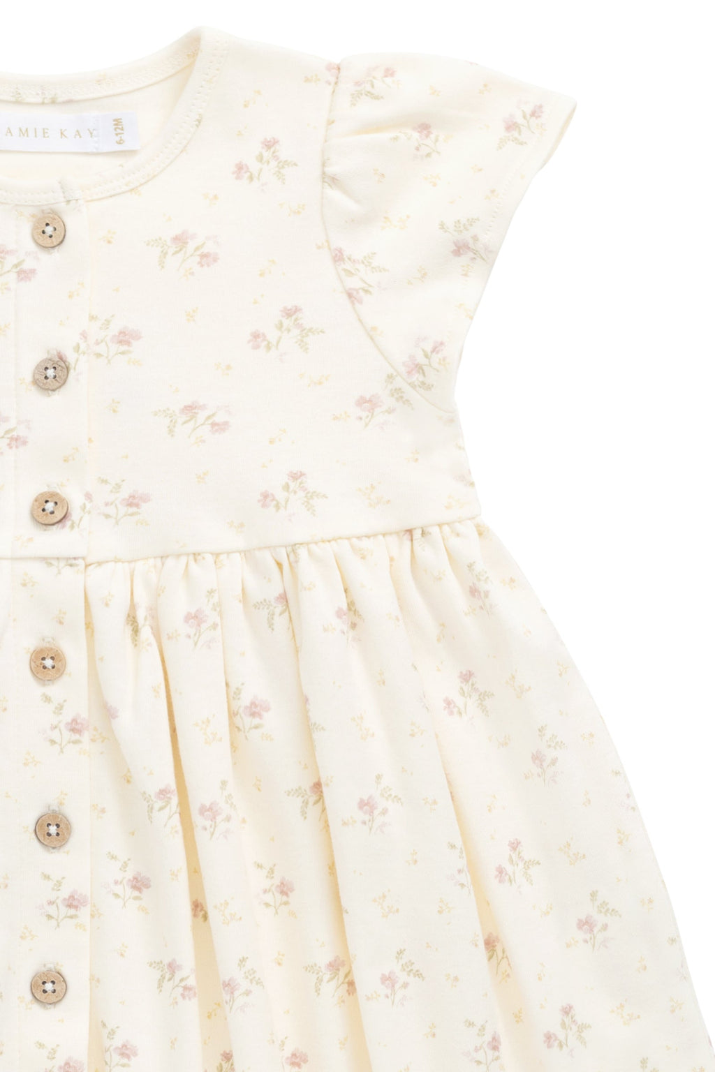 Robe romantique en coton et élasthanne à motif floral parcheminé, avec manches à volants et boutons en noix de coco