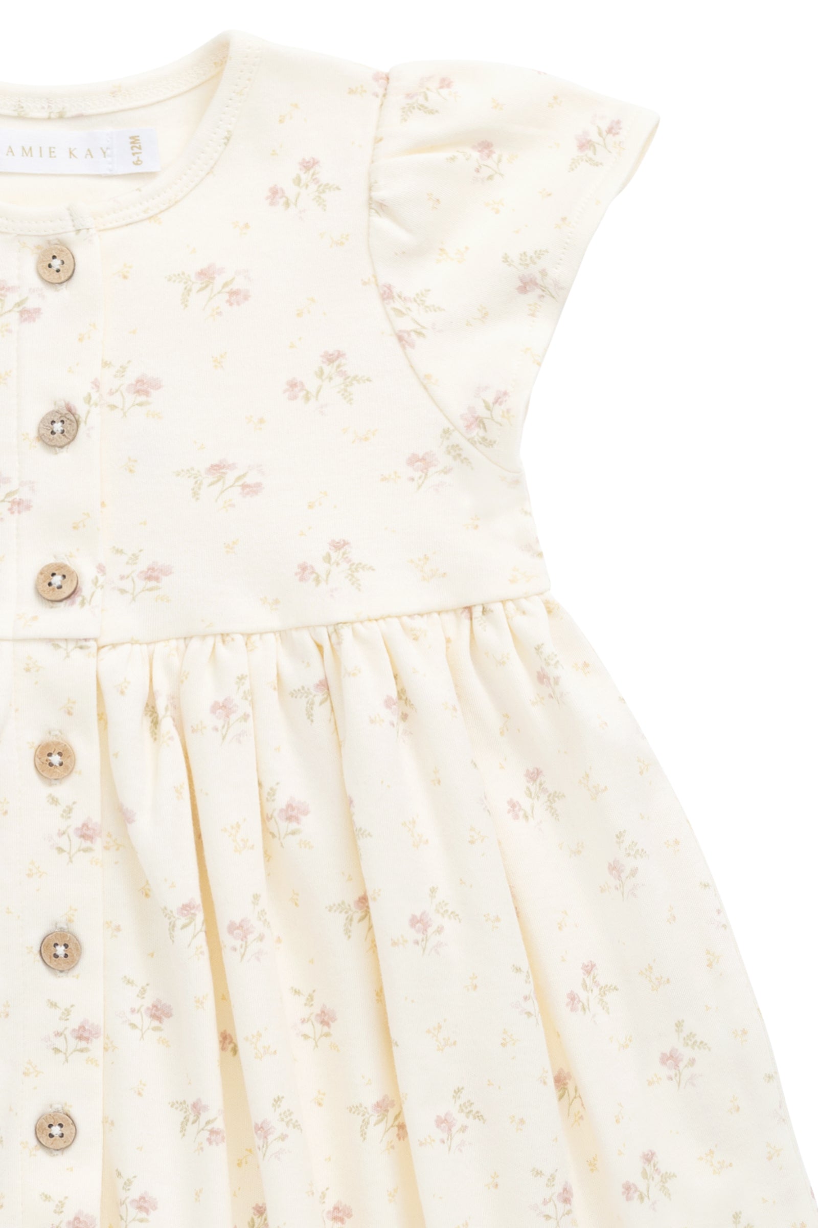 Robe romantique en coton et élasthanne à motif floral parcheminé, avec manches à volants et boutons en noix de coco