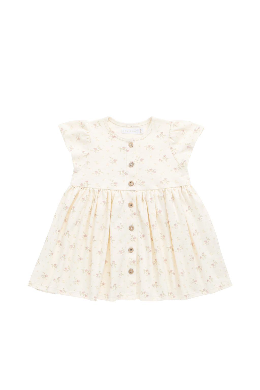 Robe romantique en coton et élasthanne à motif floral parcheminé, avec manches à volants et boutons en noix de coco