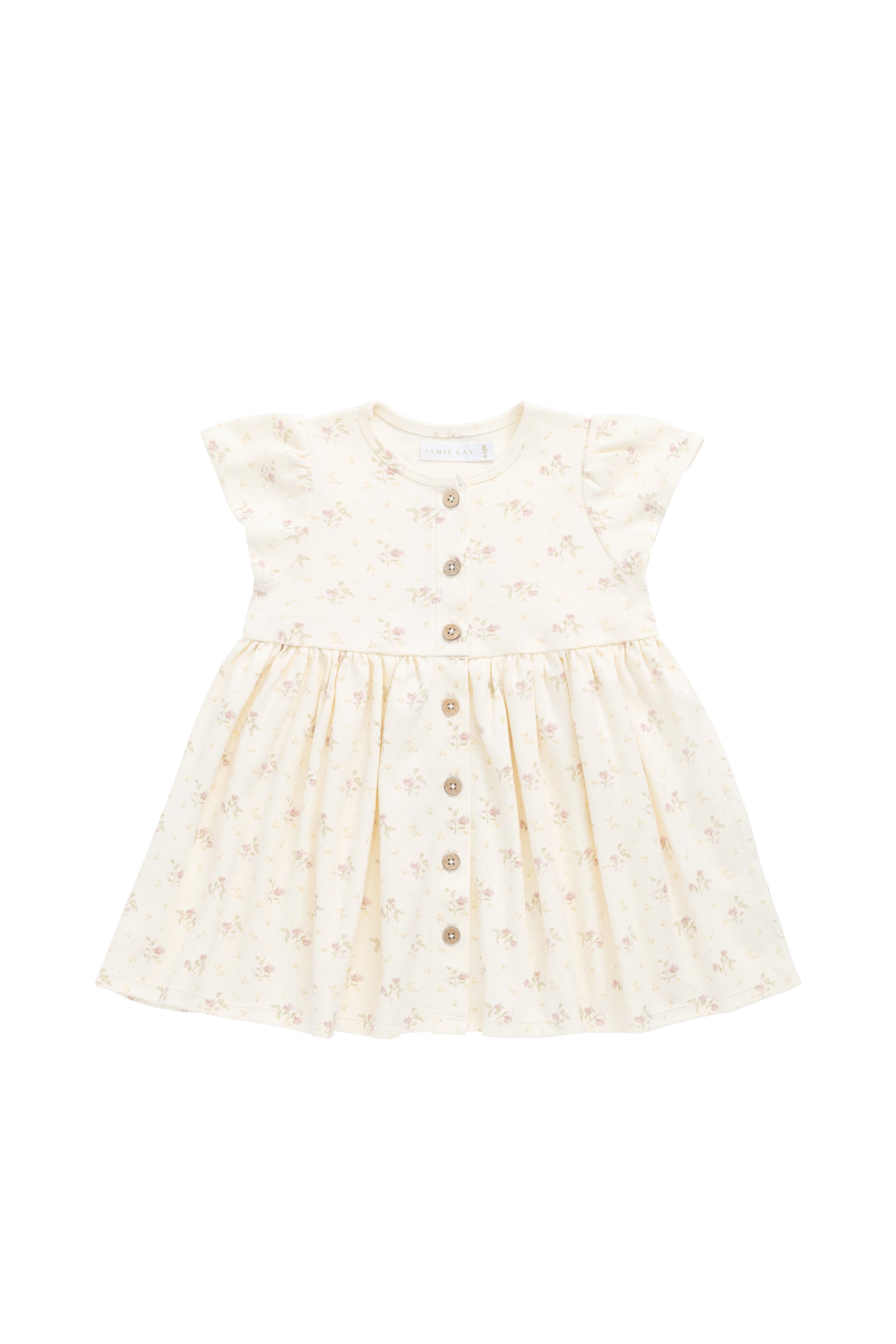 Robe romantique en coton et élasthanne à motif floral parcheminé, avec manches à volants et boutons en noix de coco