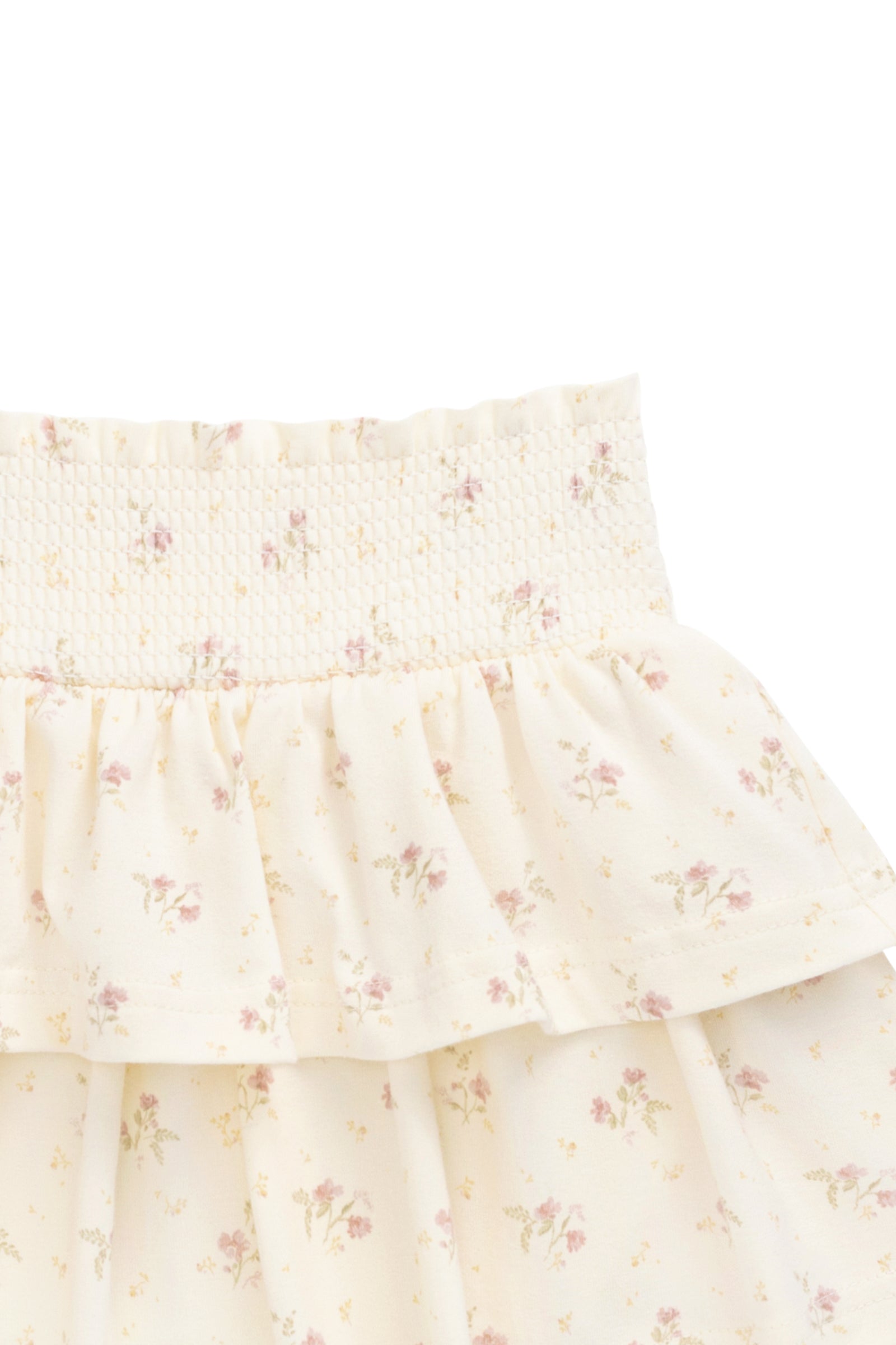 Jupe romantique en coton et élasthanne, motif floral parchemin, avec taille smockée et volants étagés