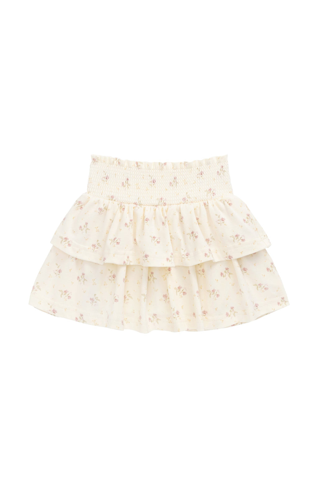 Jupe romantique en coton et élasthanne, motif floral parchemin, avec taille smockée et volants étagés