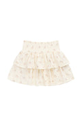 Jupe romantique en coton et élasthanne, motif floral parchemin, avec taille smockée et volants étagés