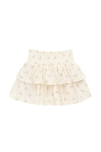 Jupe romantique en coton et élasthanne, motif floral parchemin, avec taille smockée et volants étagés