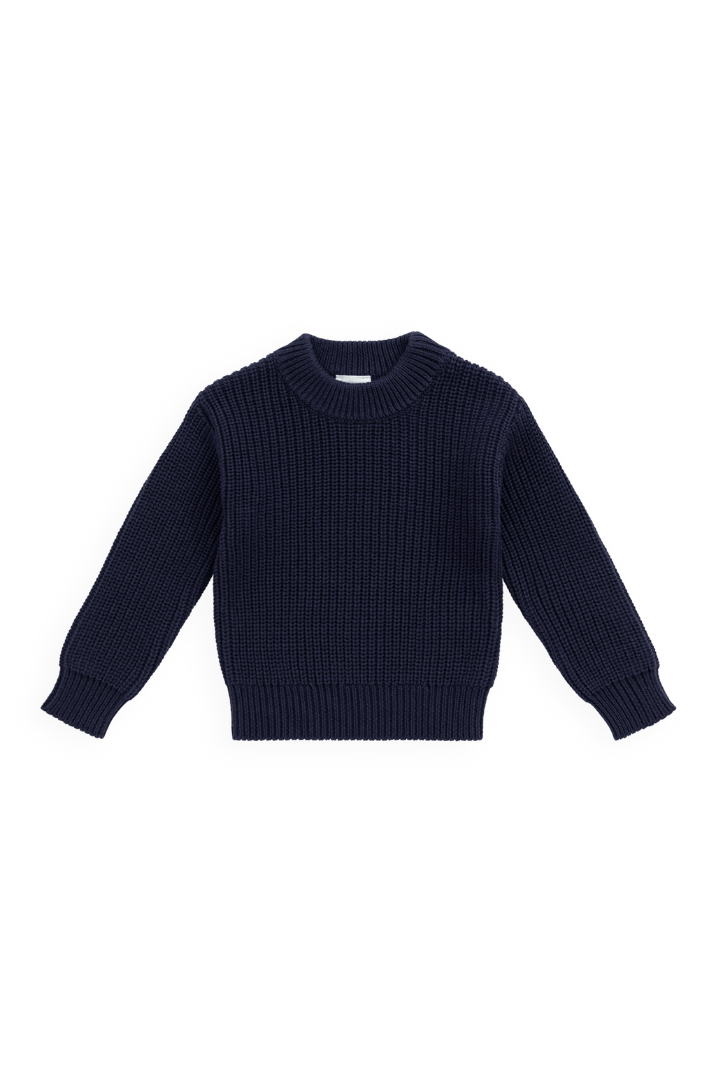 Pull en tricot de coton bleu marine classique avec encolure ras du cou et poignets côtelés