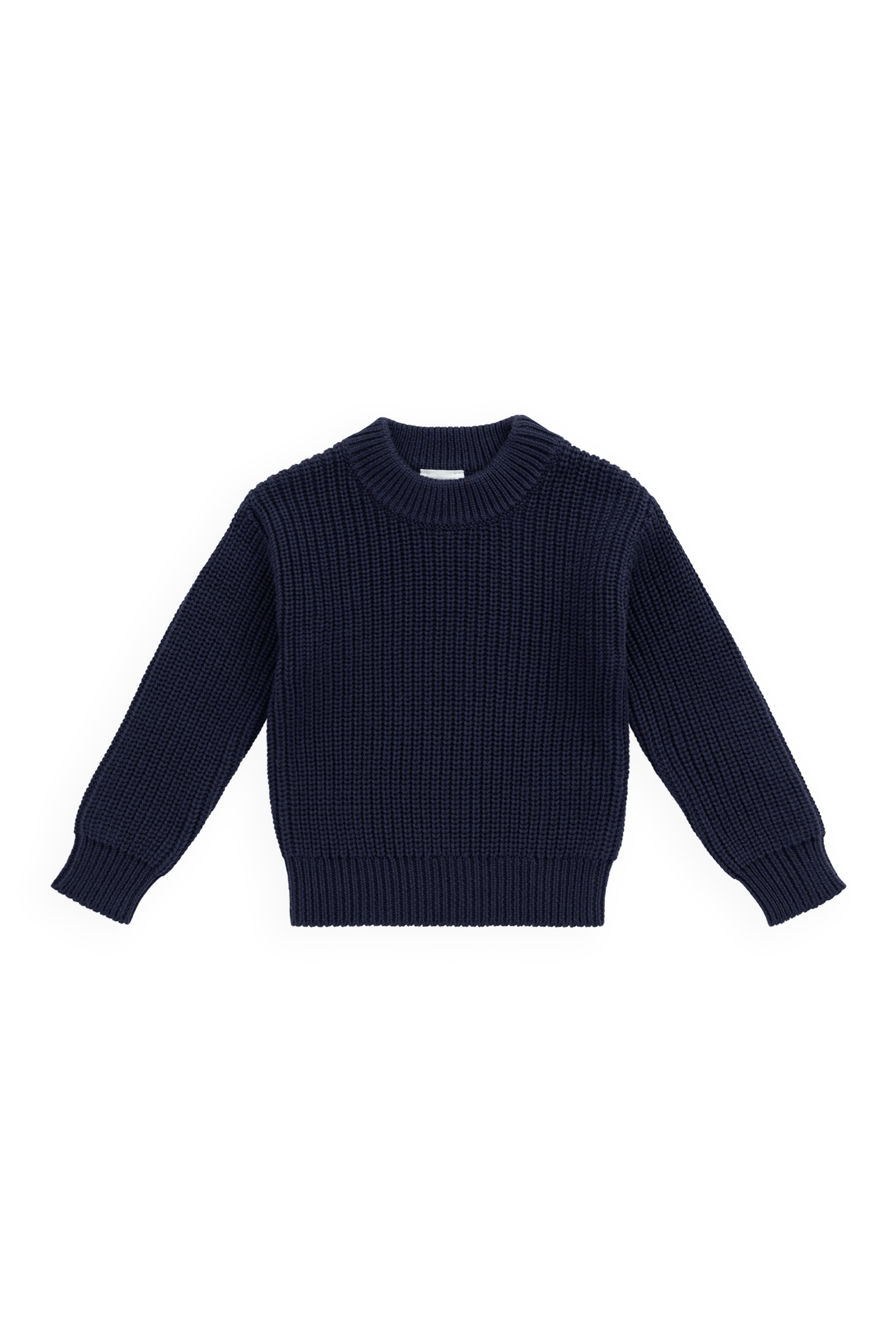 Pull en tricot de coton bleu marine classique avec encolure ras du cou et poignets côtelés
