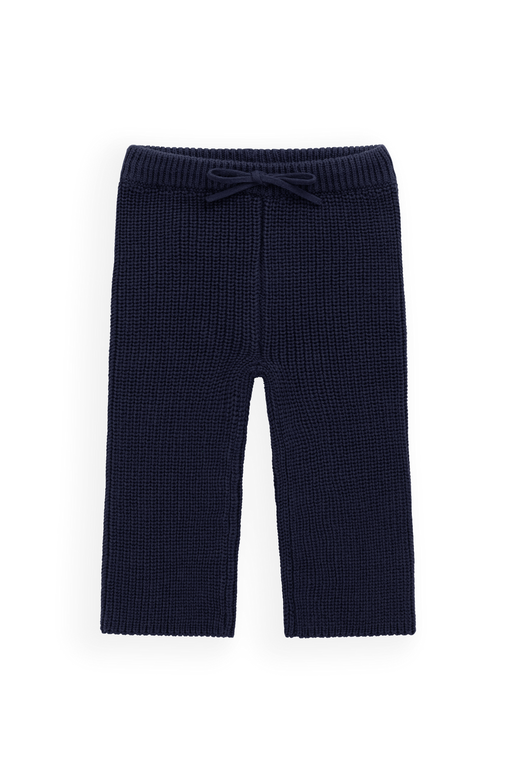 Pantalon en maille de coton bleu marine classique avec taille élastiquée et lien décoratif