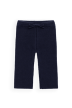 Pantalon en maille de coton bleu marine classique avec taille élastiquée et lien décoratif