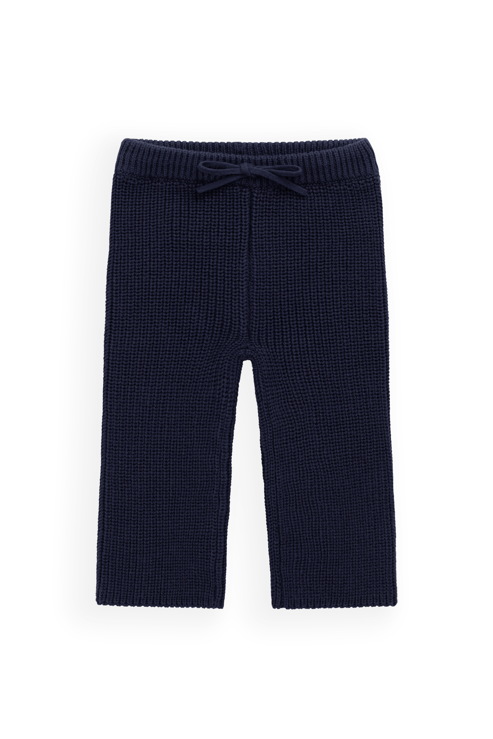 Pantalon en maille de coton bleu marine classique avec taille élastiquée et lien décoratif