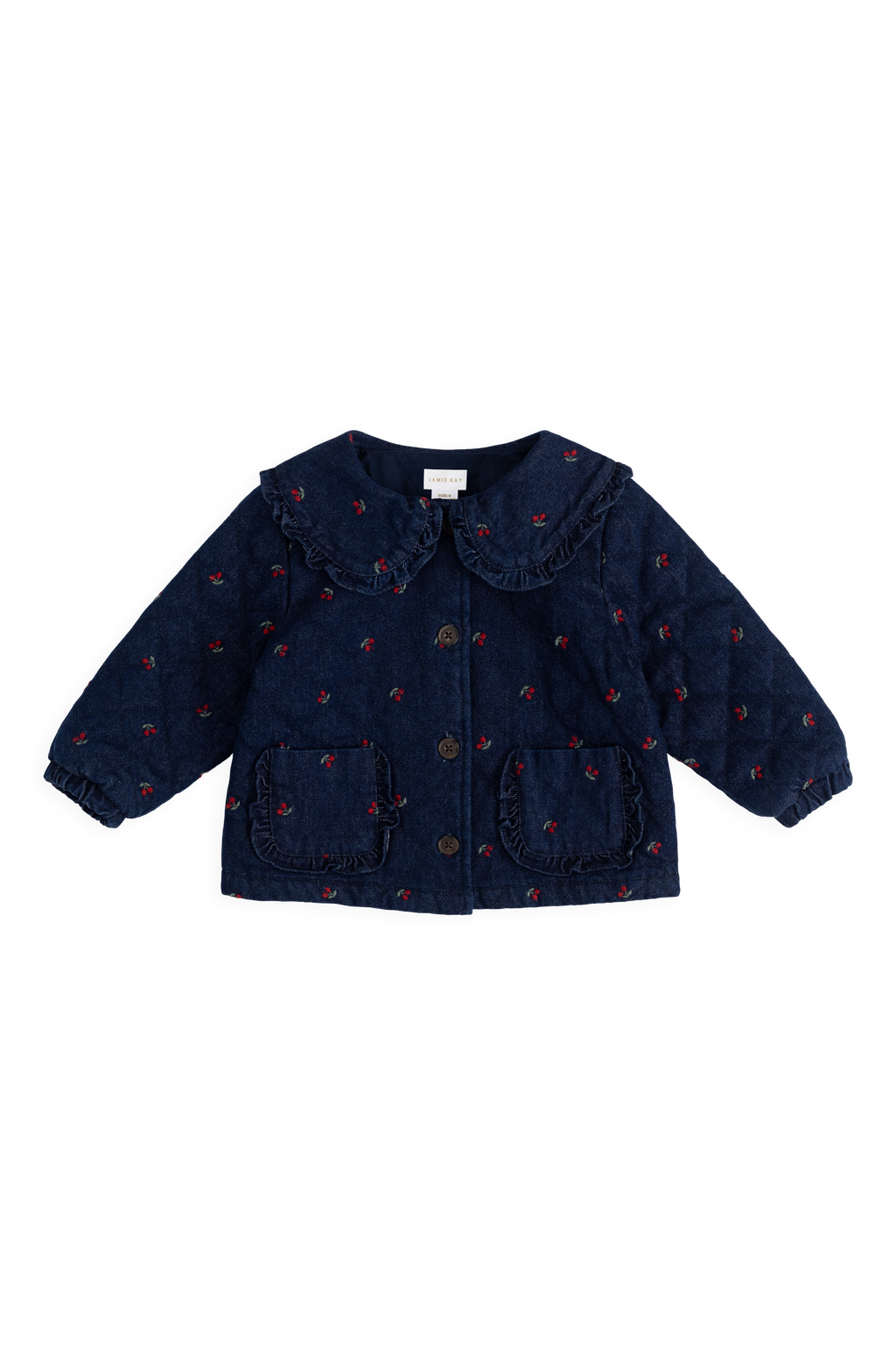 Veste en jean vintage à imprimé cerises avec col à volants et poches plaquées