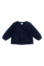 Veste en jean vintage à imprimé cerises avec col à volants et poches plaquées