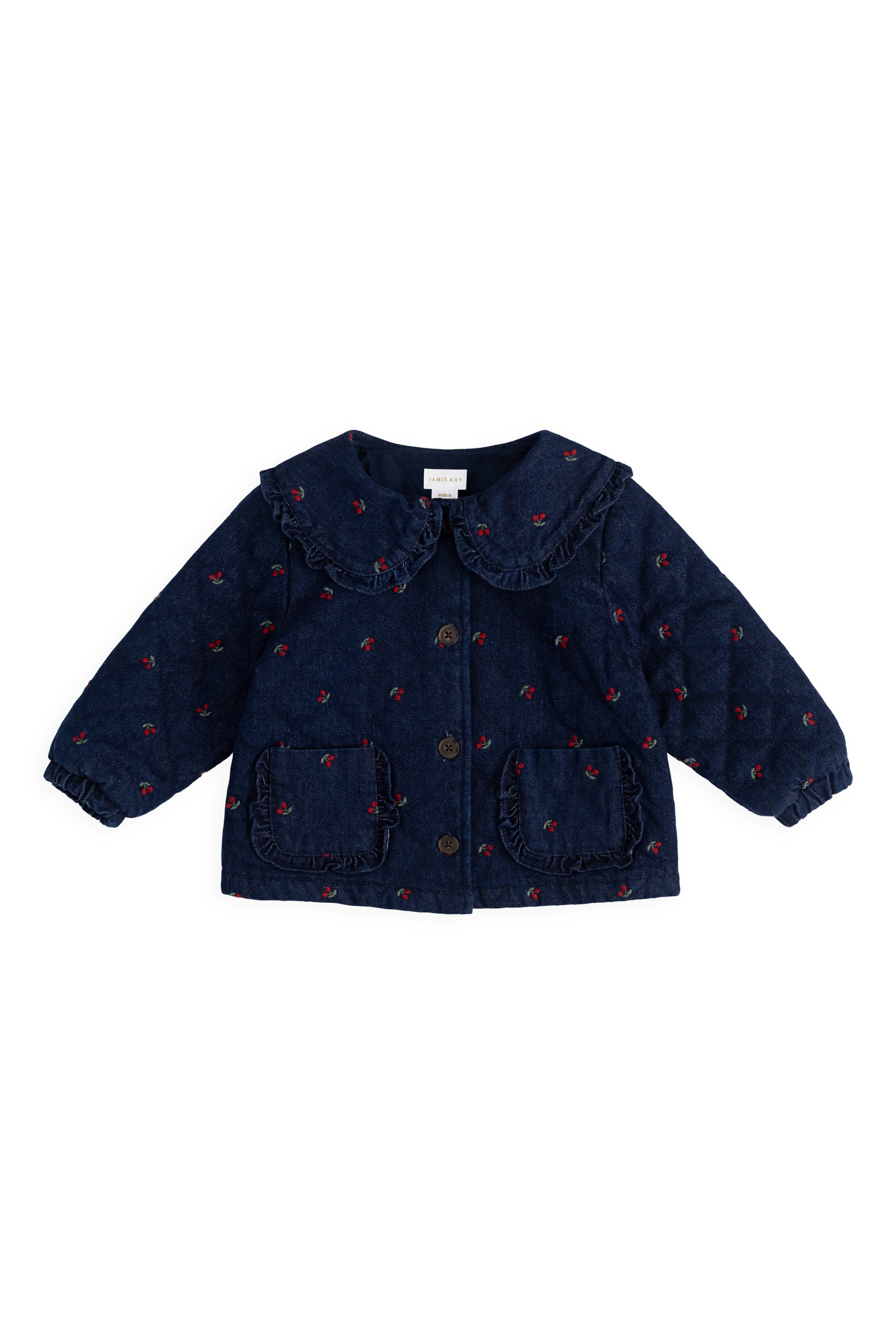 Veste en jean vintage à imprimé cerises avec col à volants et poches plaquées