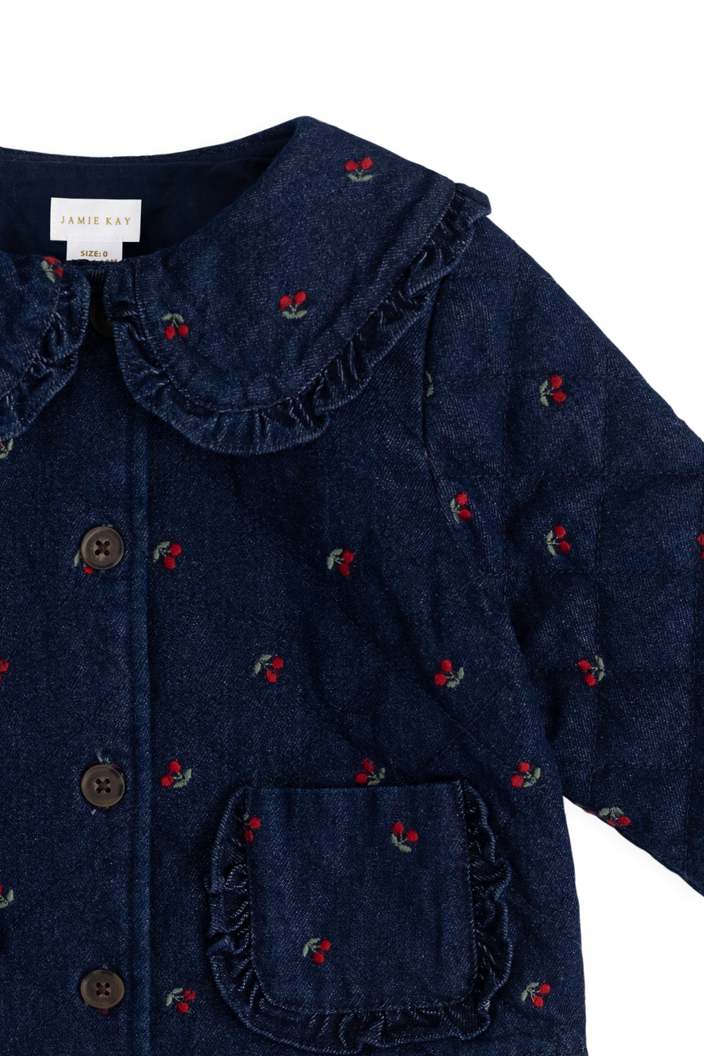 Veste en jean vintage à imprimé cerises avec col à volants et poches plaquées