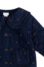 Veste en jean vintage à imprimé cerises avec col à volants et poches plaquées