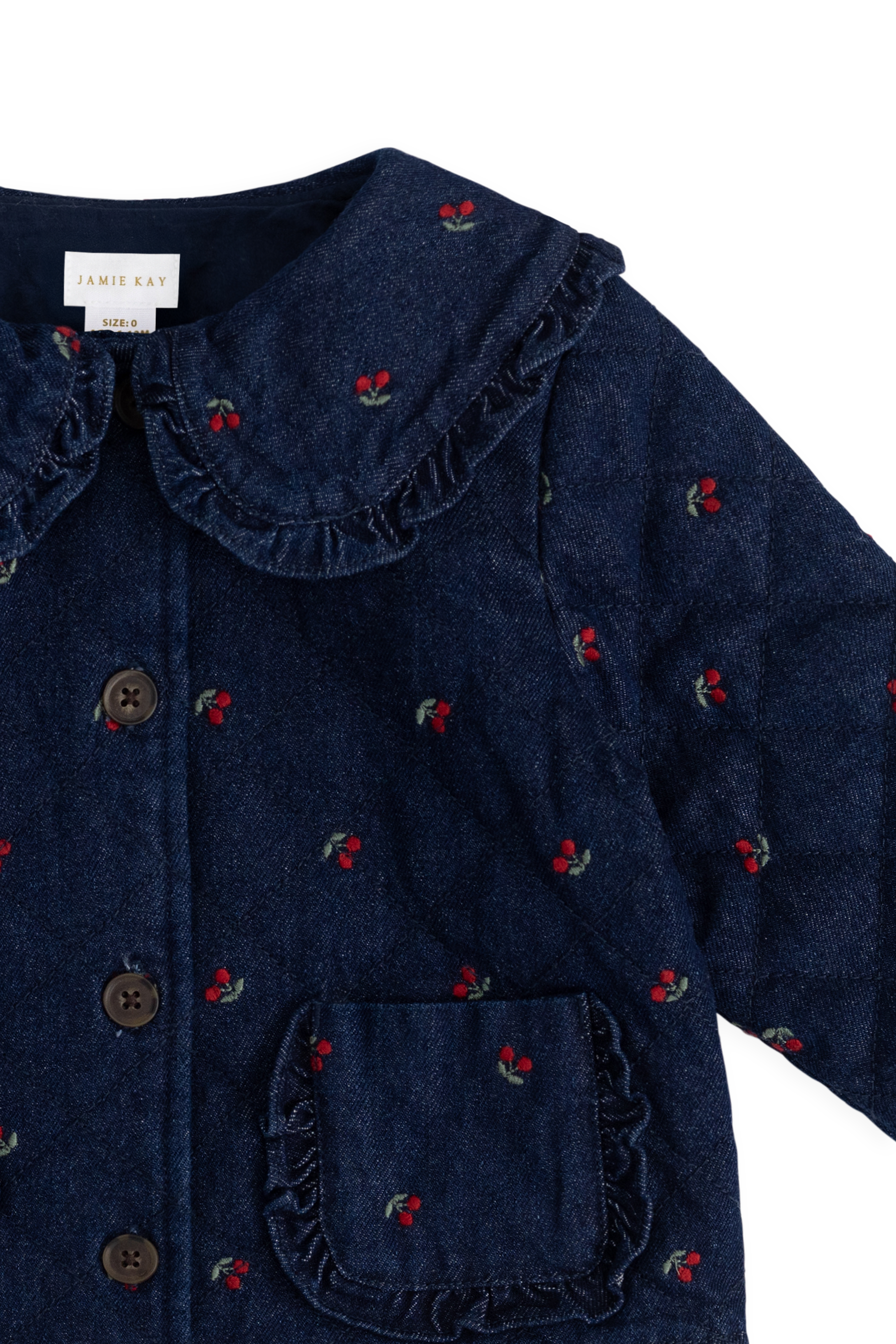 Veste en jean vintage à imprimé cerises avec col à volants et poches plaquées
