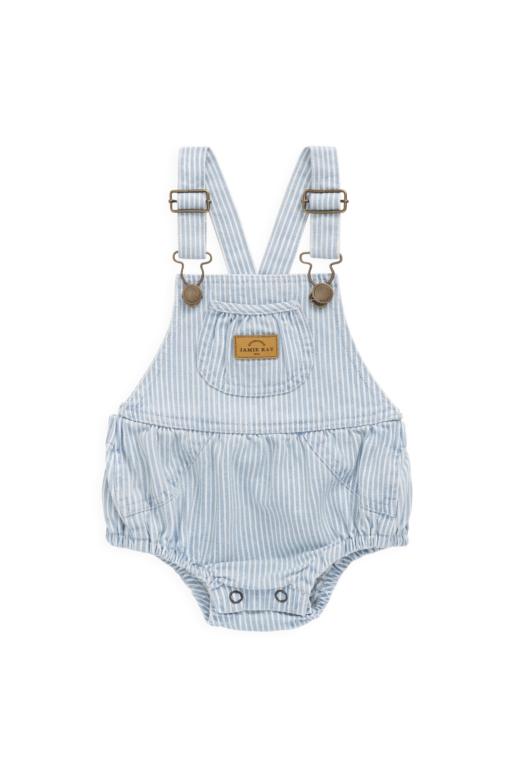 Combinaison-short classique en coton rayé bleu et blanc avec bavette et bretelles réglables