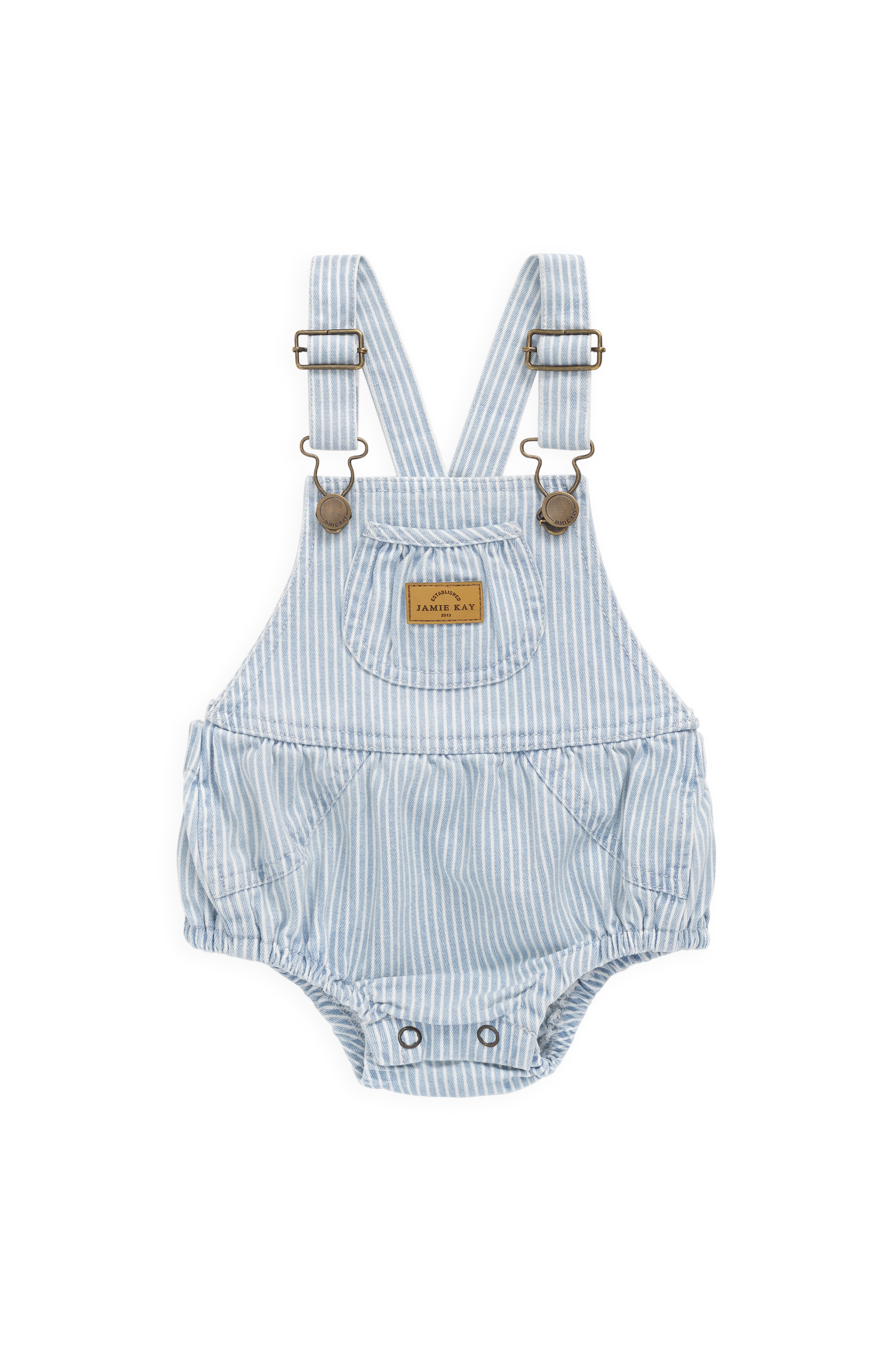 Combinaison-short classique en coton rayé bleu et blanc avec bavette et bretelles réglables