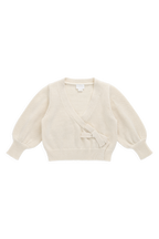 Gilet élégant en coton crème et lurex, avec cache-cœur et manches ballon