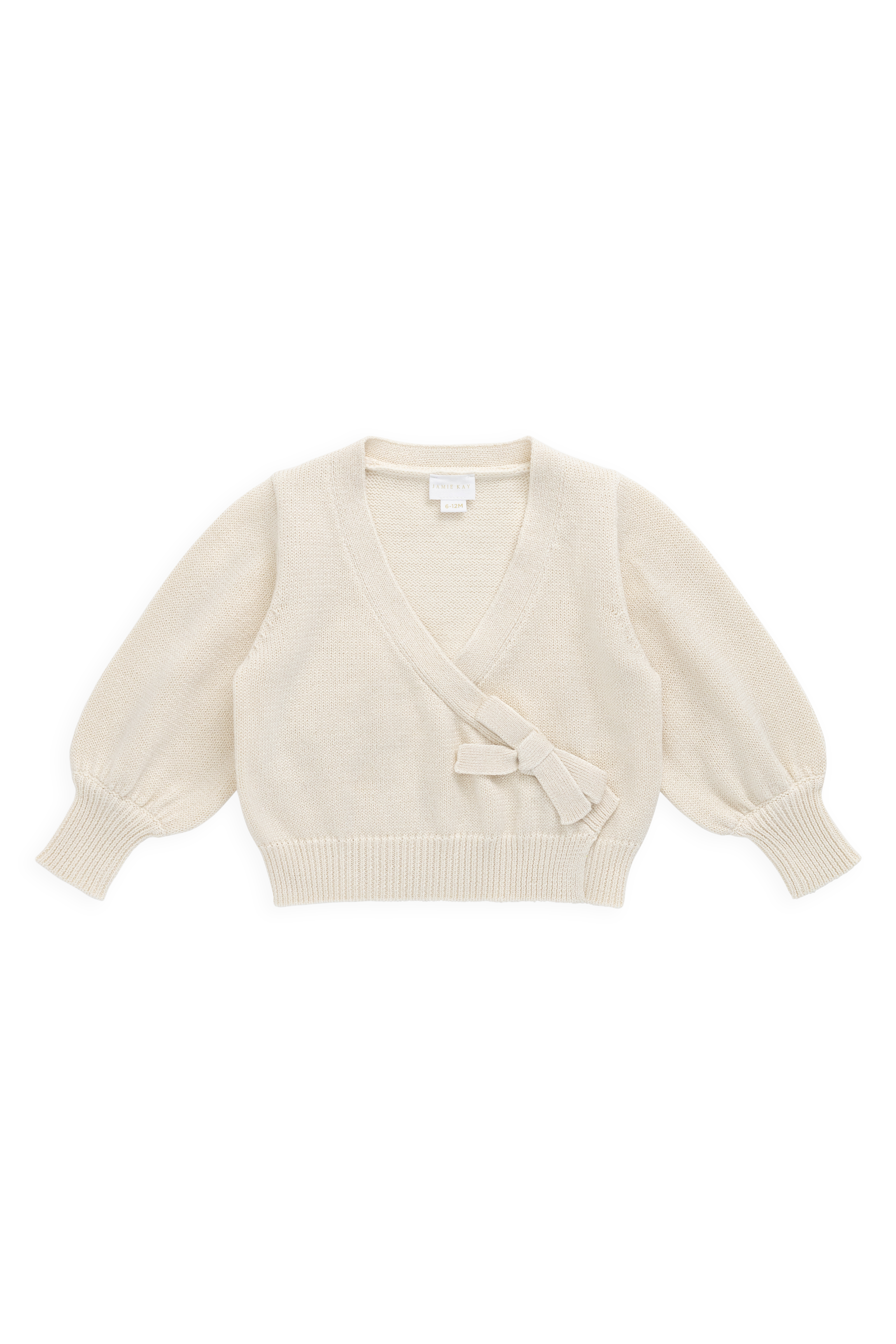 Gilet élégant en coton crème et lurex, avec cache-cœur et manches ballon