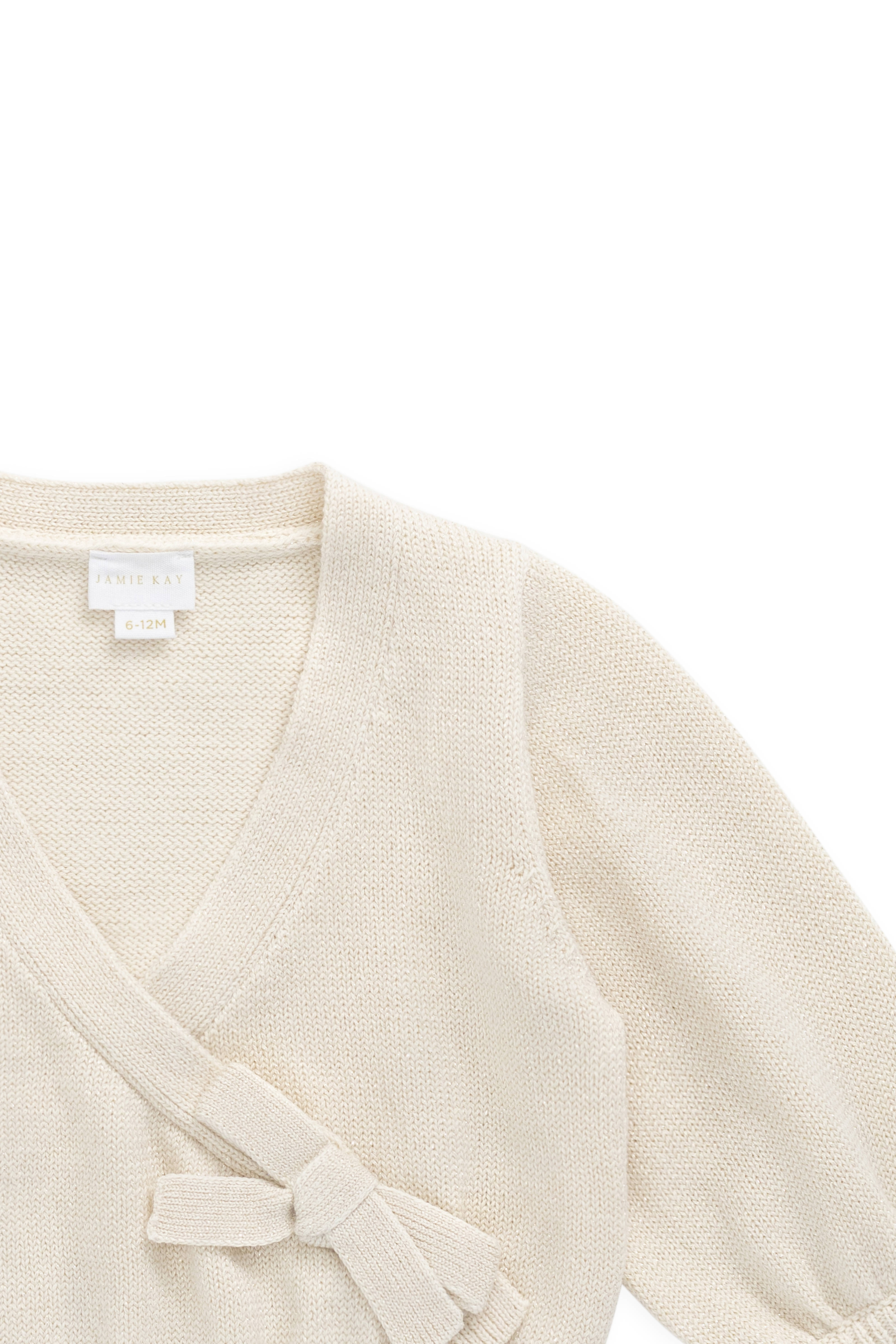 Gilet élégant en coton crème et lurex, avec cache-cœur et manches ballon