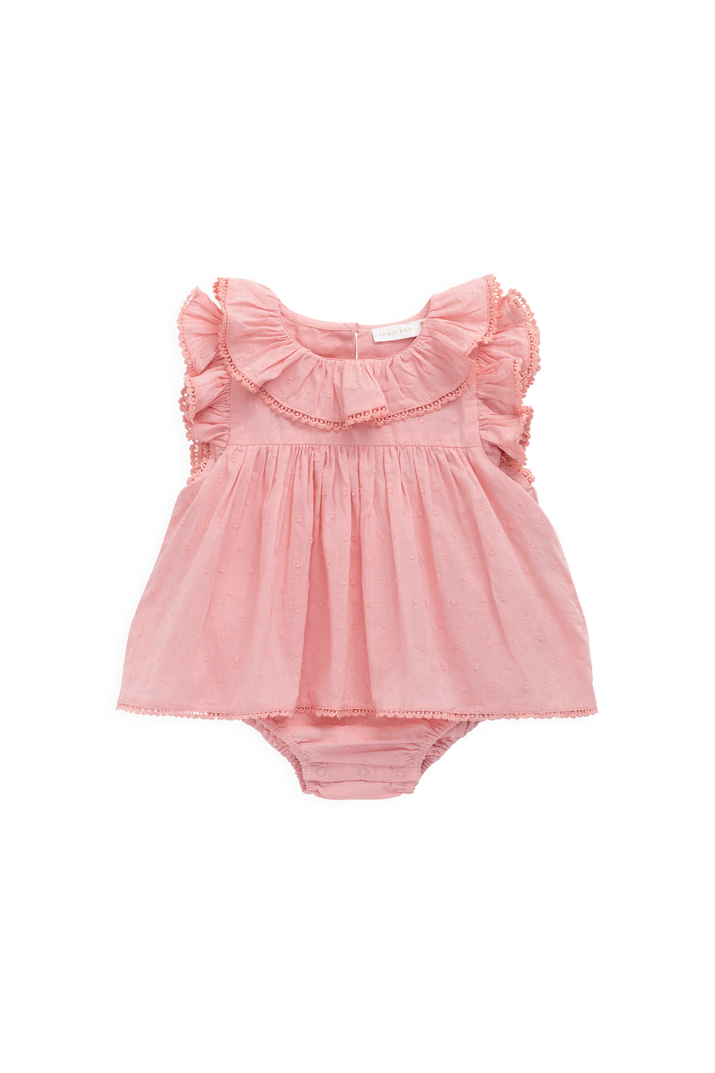 Barboteuse classique suisse rose en coton bio avec manches volantées et bas bloomer