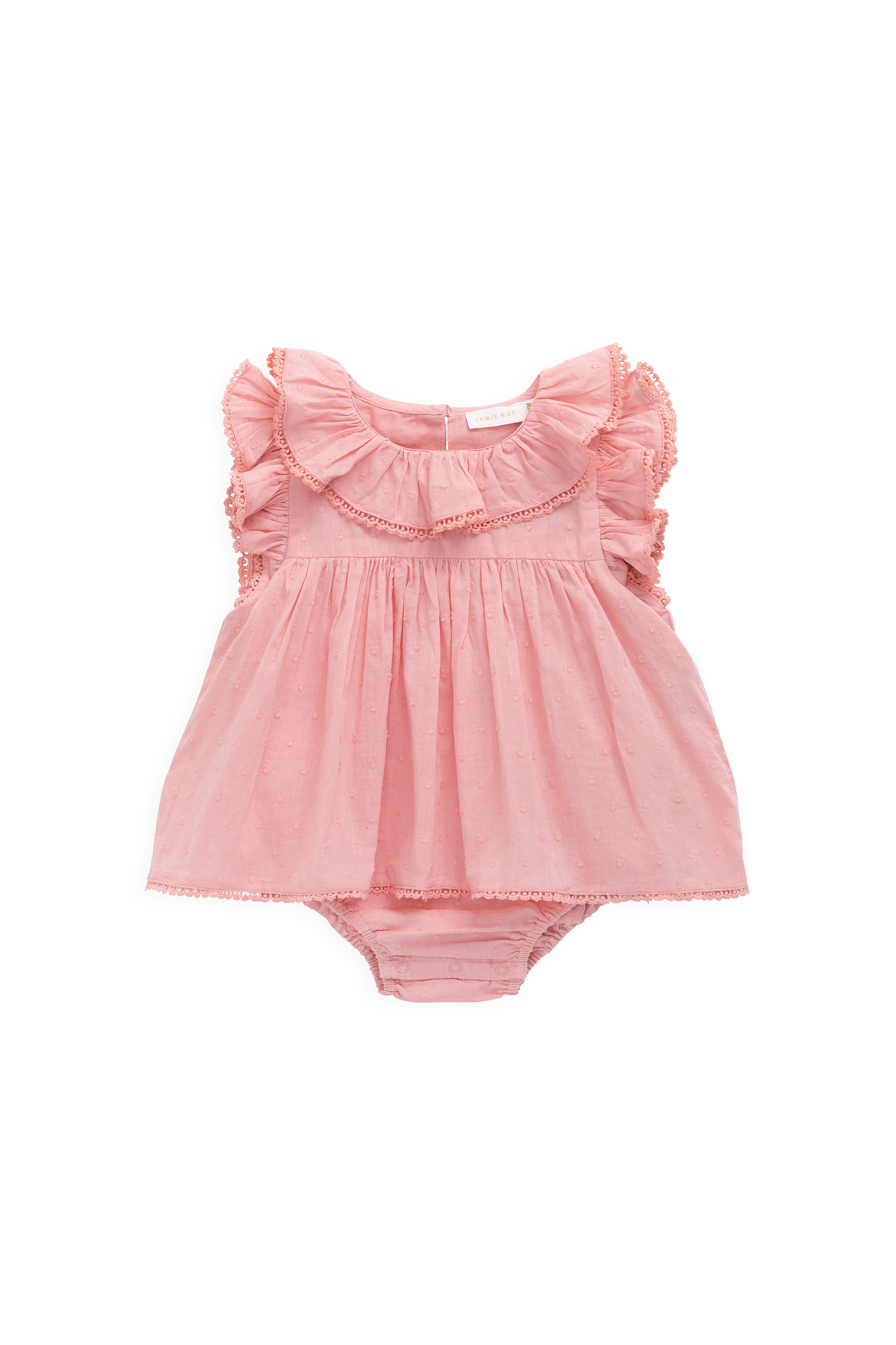Barboteuse classique suisse rose en coton bio avec manches volantées et bas bloomer