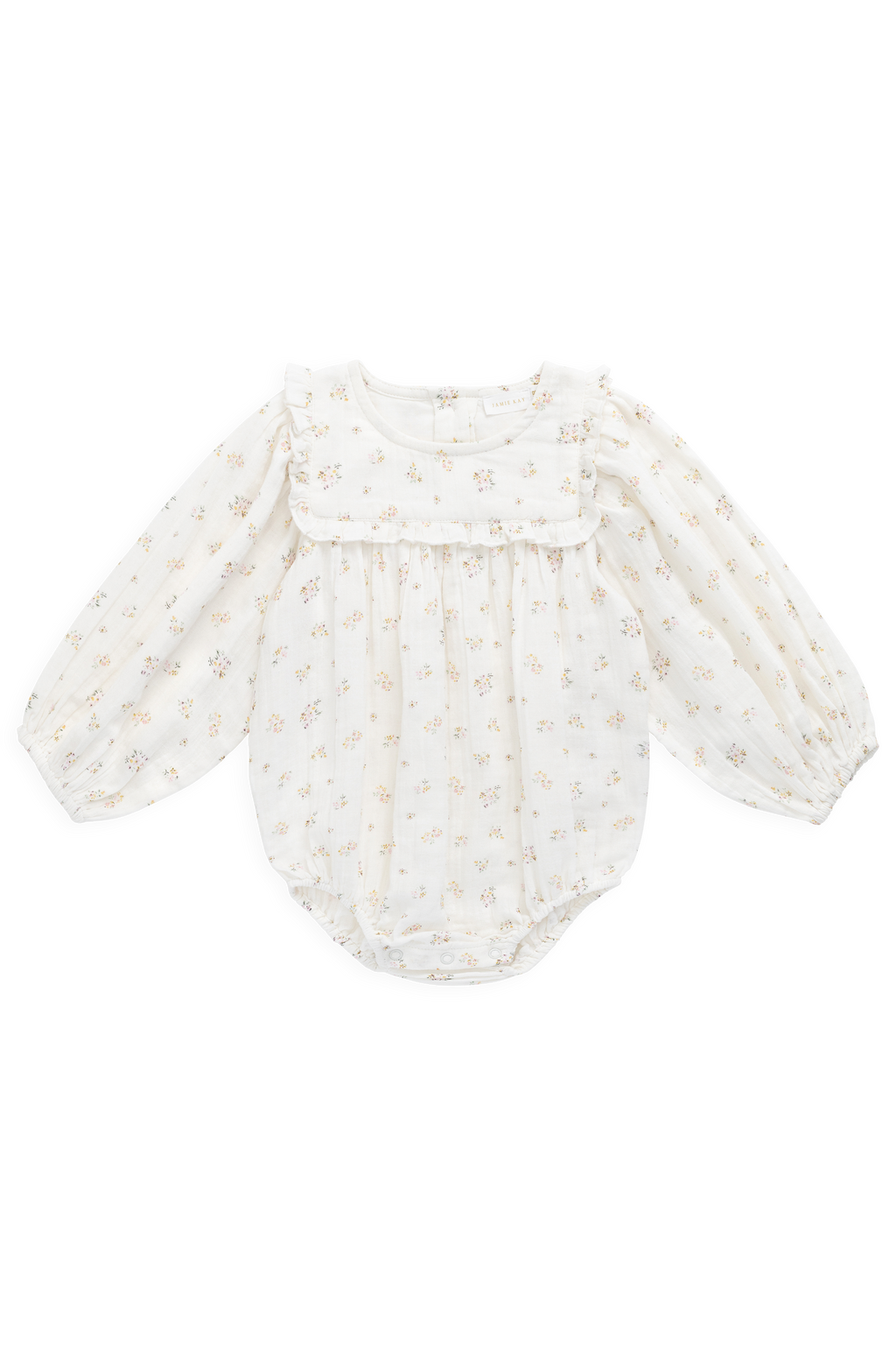 Barboteuse romantique en coton biologique à imprimé floral avec manches bouffantes longues et encolure volantée
