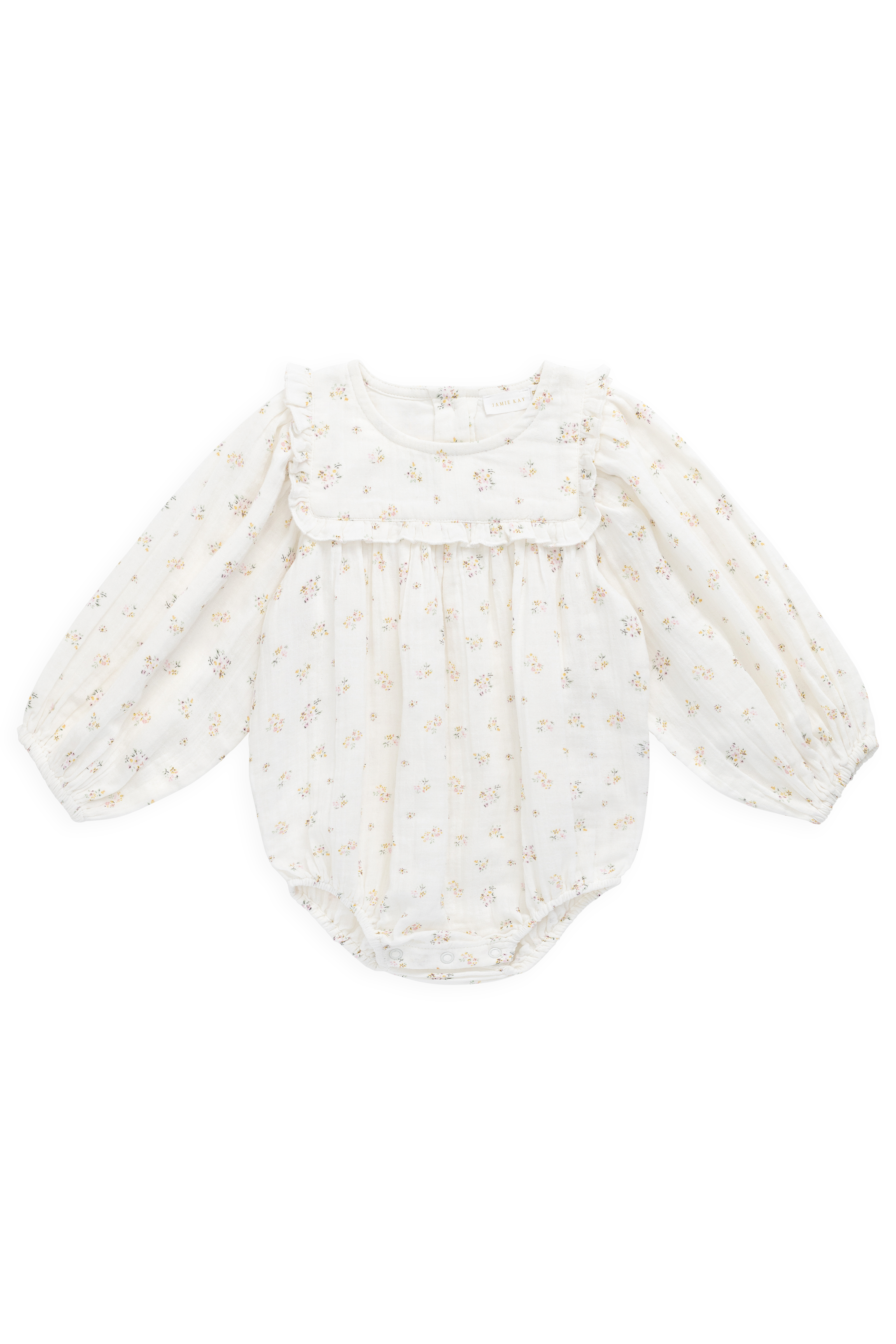 Barboteuse romantique en coton biologique à imprimé floral avec manches bouffantes longues et encolure volantée