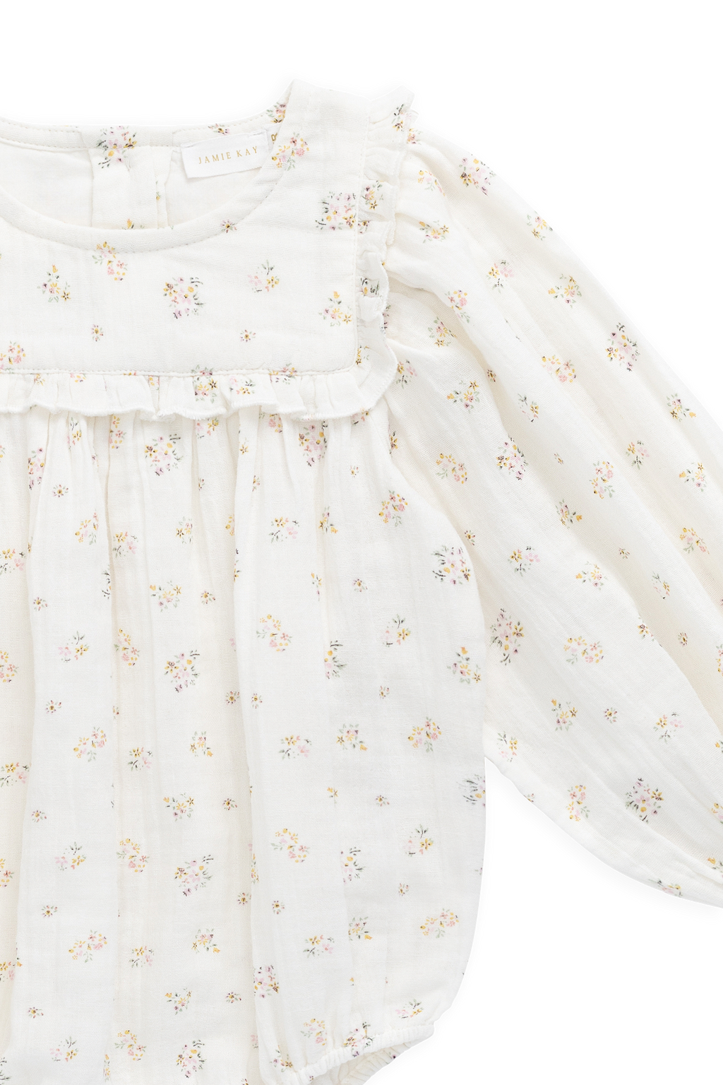 Barboteuse romantique en coton biologique à imprimé floral avec manches bouffantes longues et encolure volantée