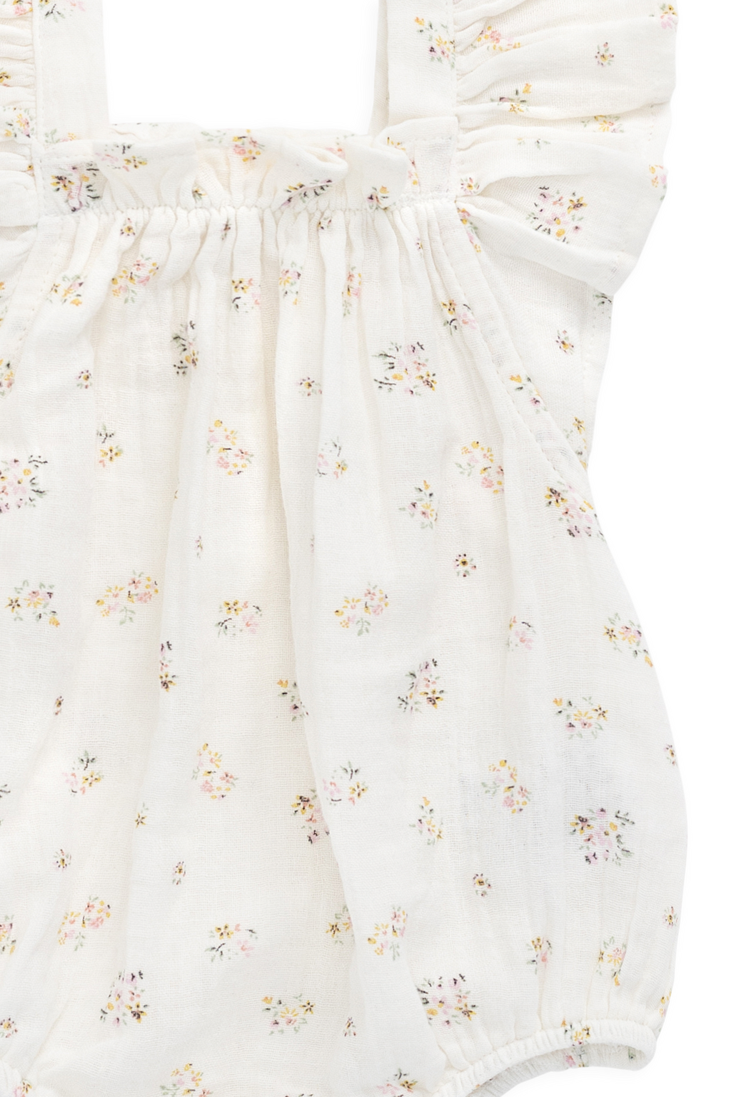 Combinaison-short Romantique Florale en Coton Biologique avec Manches Bouffantes et Encolure Volantée