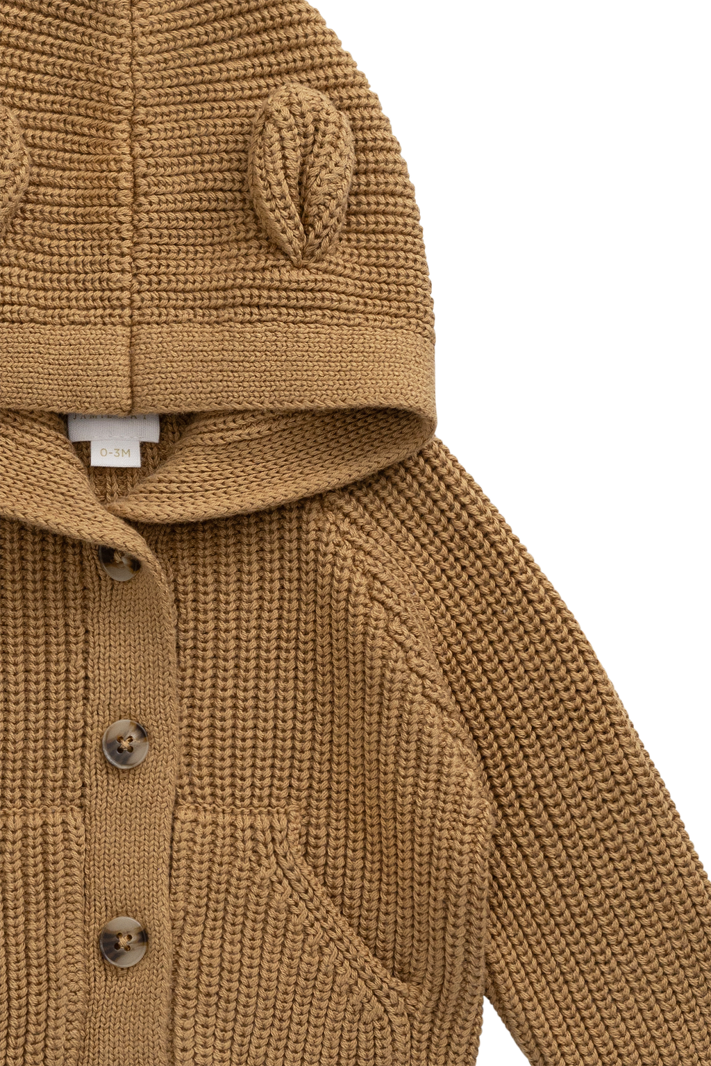 Cardigan en coton douillet marron fauve avec capuche, oreilles et poches avant