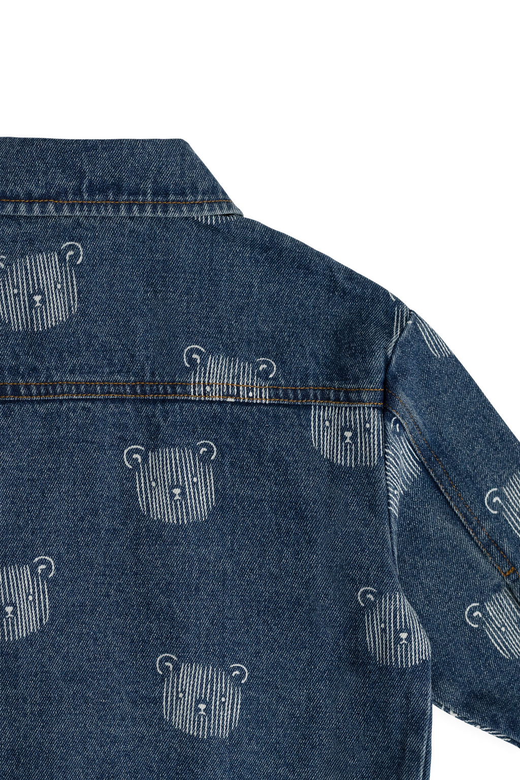 Blouson en jean bleu espiègle avec imprimé tête d'ours en peluche et col.