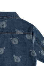Blouson en jean bleu espiègle avec imprimé tête d'ours en peluche et col.