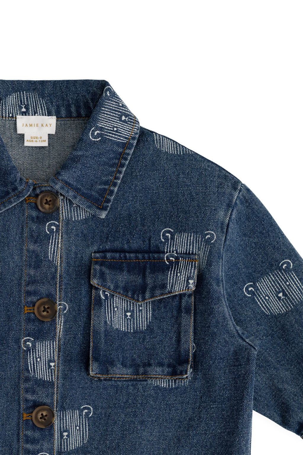 Blouson en jean bleu espiègle avec imprimé tête d'ours en peluche et col.