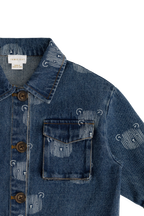 Blouson en jean bleu espiègle avec imprimé tête d'ours en peluche et col.