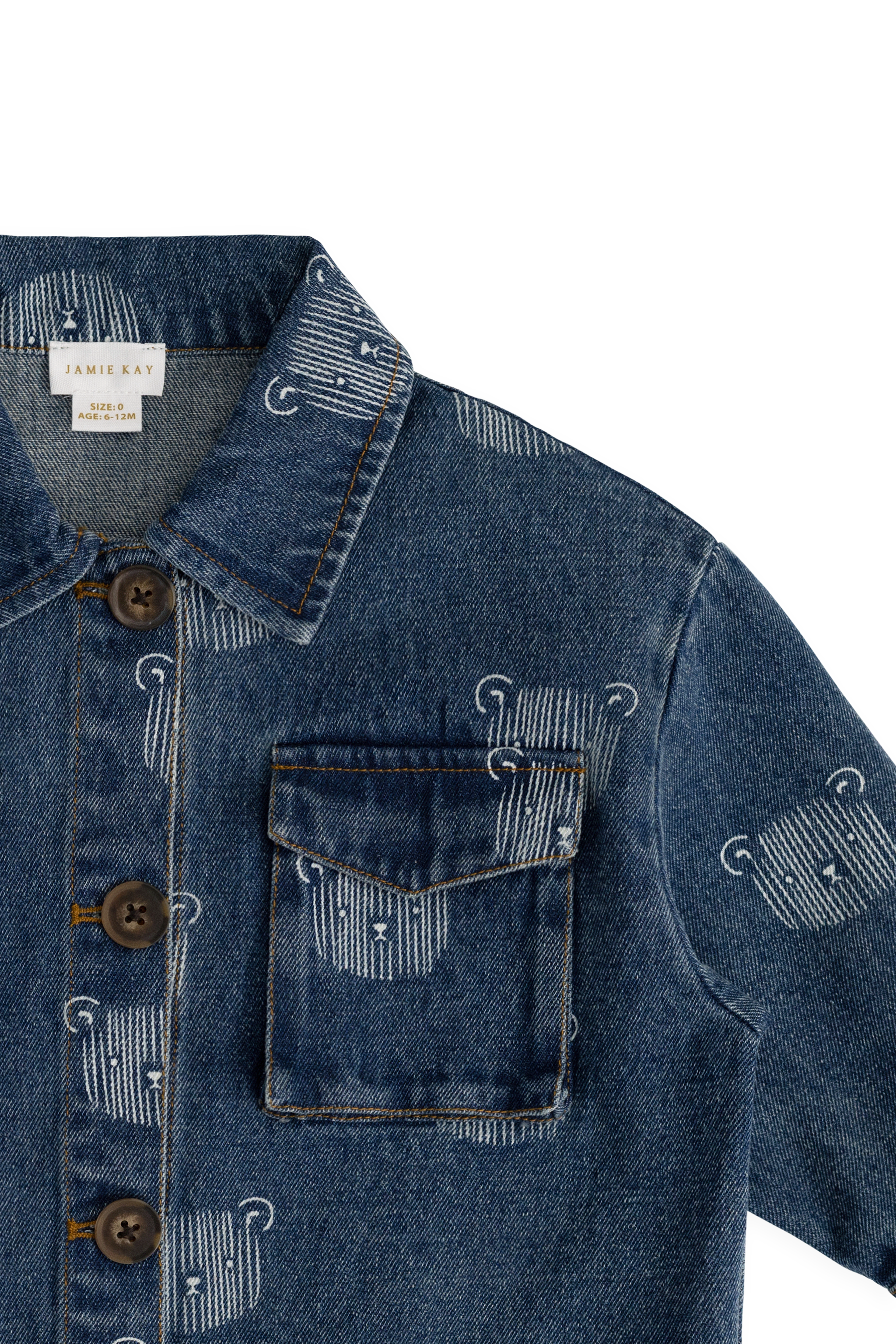 Blouson en jean bleu espiègle avec imprimé tête d'ours en peluche et col.