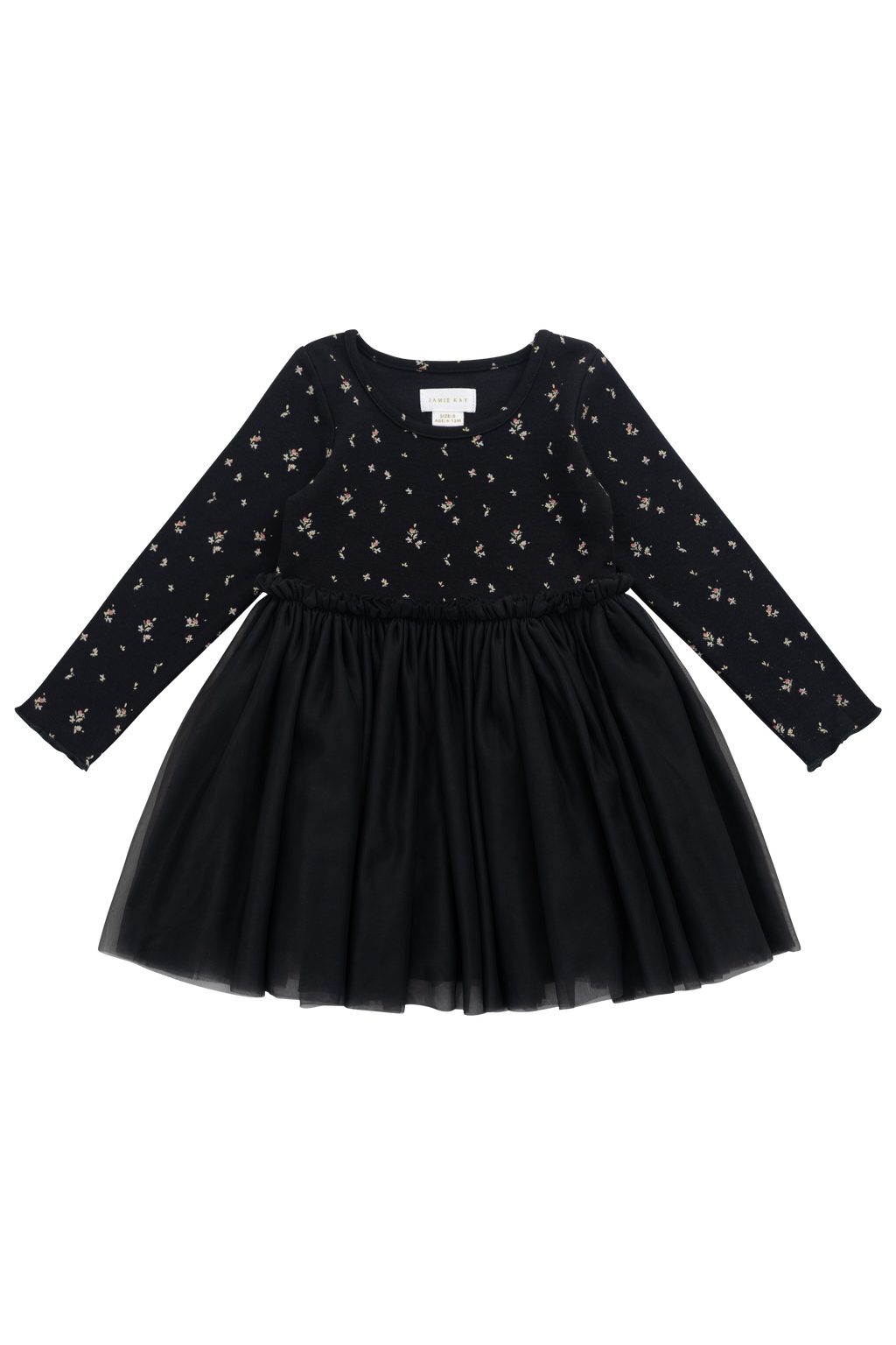 Robe élégante en tulle de coton et polyester ébène à motif floral, avec manches longues et jupe plissée