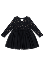 Robe élégante en tulle de coton et polyester ébène à motif floral, avec manches longues et jupe plissée