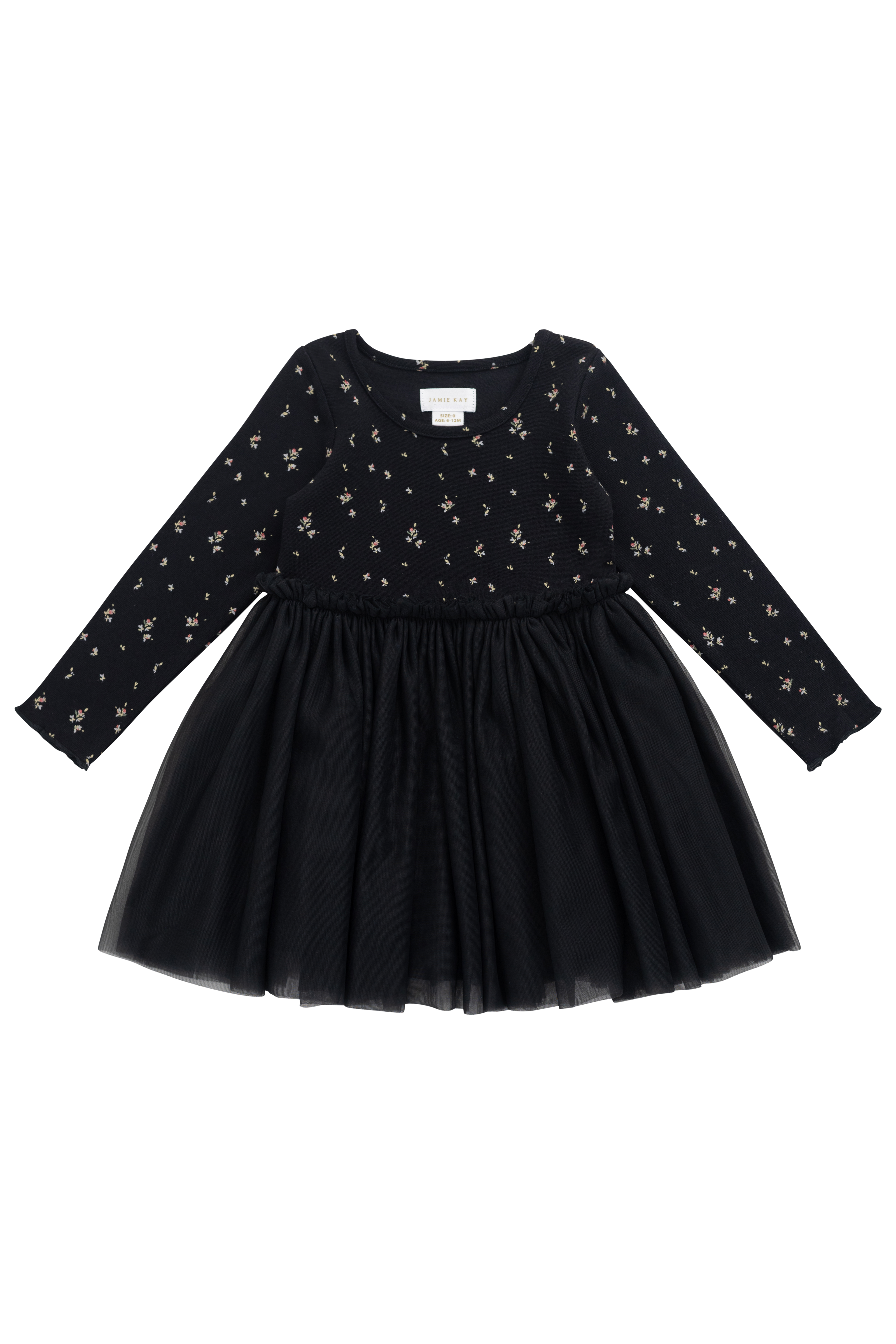 Robe élégante en tulle de coton et polyester ébène à motif floral, avec manches longues et jupe plissée