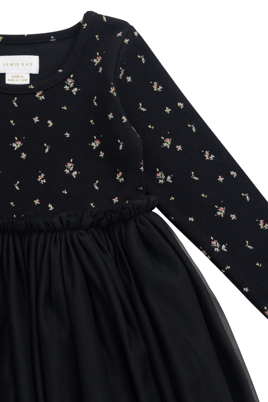Robe élégante en tulle de coton et polyester ébène à motif floral, avec manches longues et jupe plissée