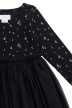 Robe élégante en tulle de coton et polyester ébène à motif floral, avec manches longues et jupe plissée